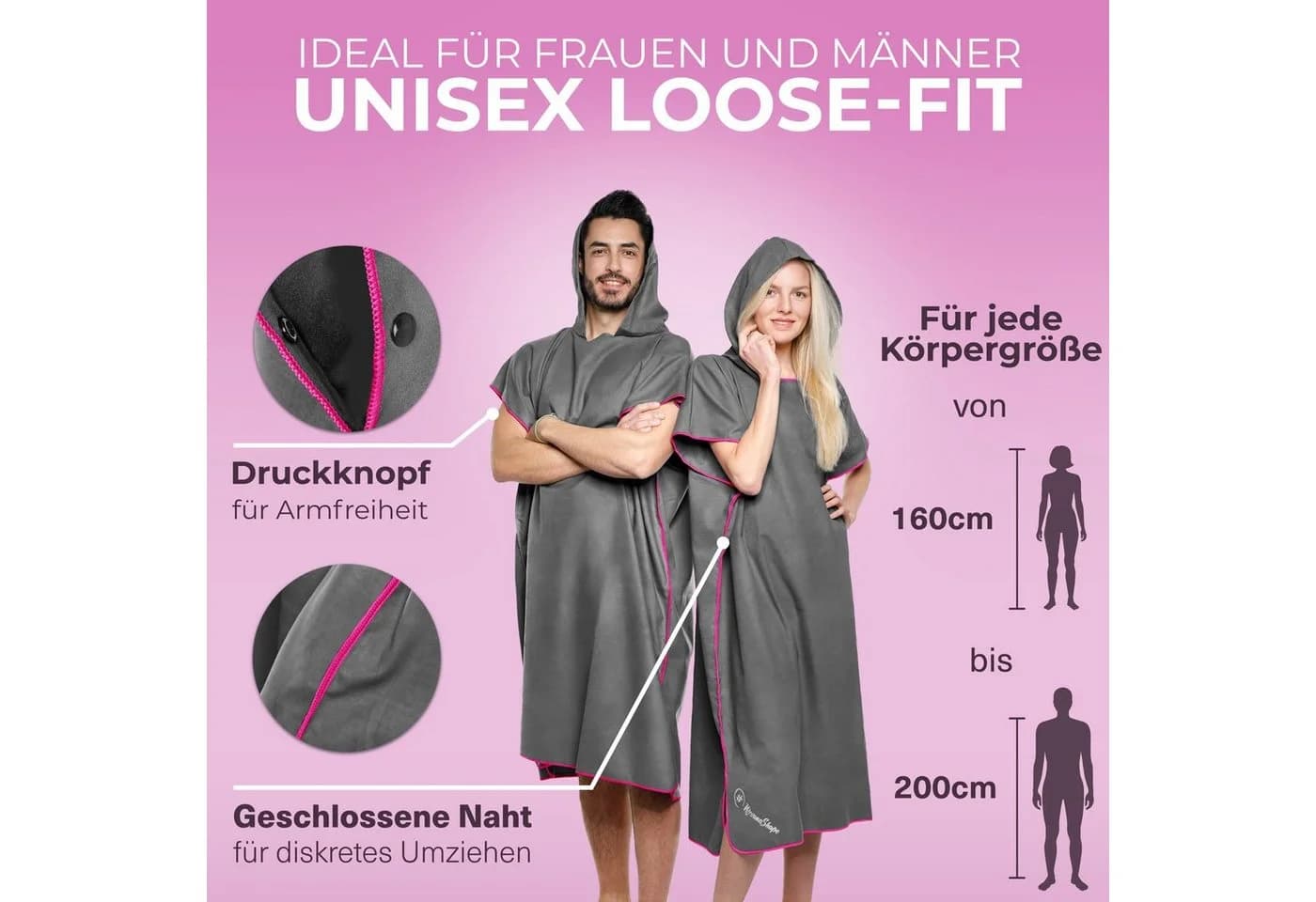 NirvanaShape Handtuch-Poncho Grau/Rosa Rand Quick-dry Mikrofaser Unisex - Bild 3