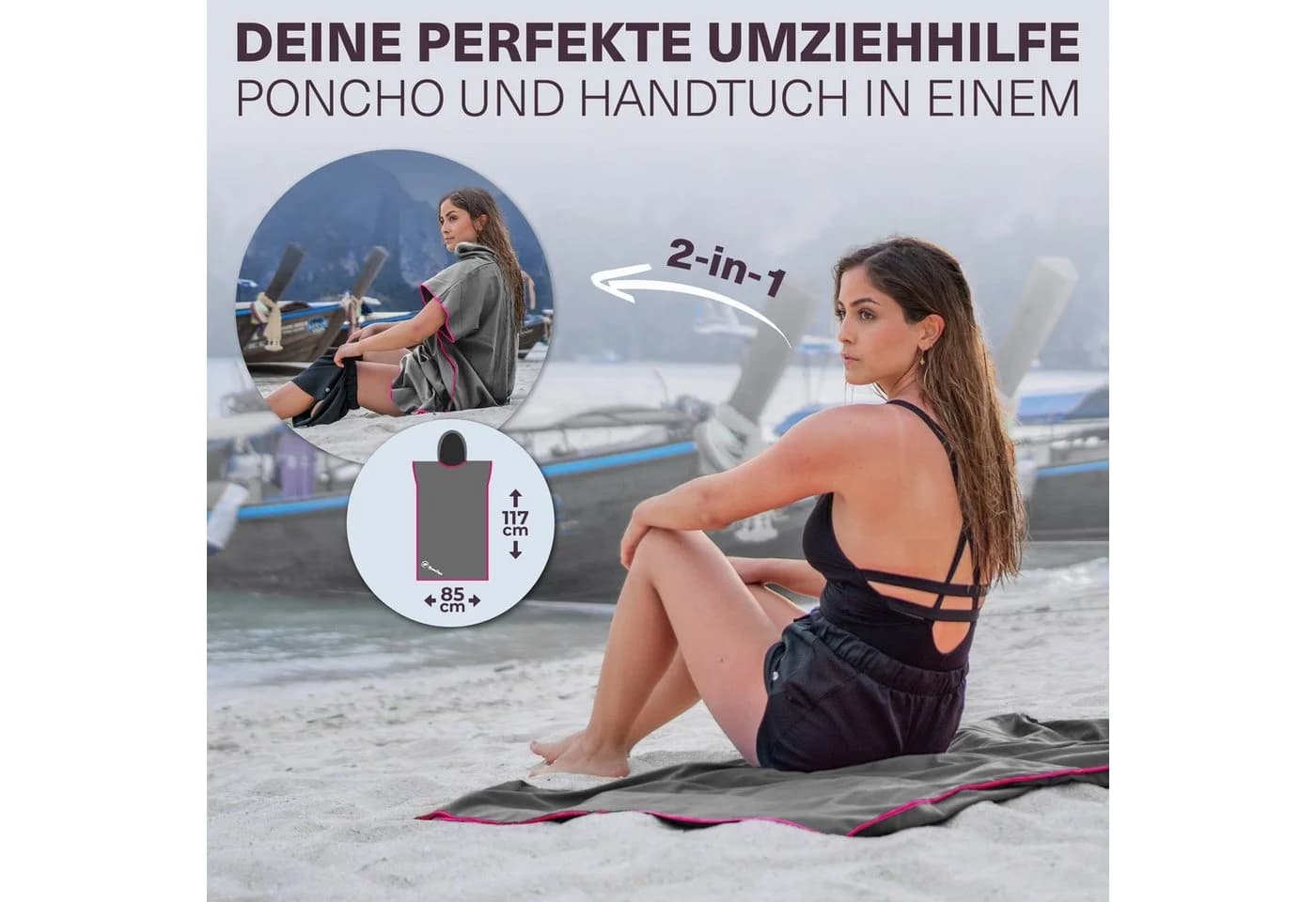 NirvanaShape Handtuch-Poncho Grau/Rosa Rand Quick-dry Mikrofaser Unisex - Bild 4