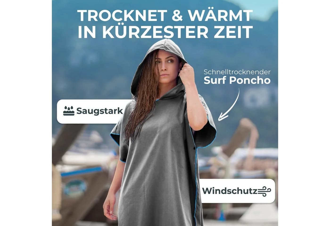 NirvanaShape Handtuch-Poncho Grau/Blau Mikrofaser Quick-Dry Unisex