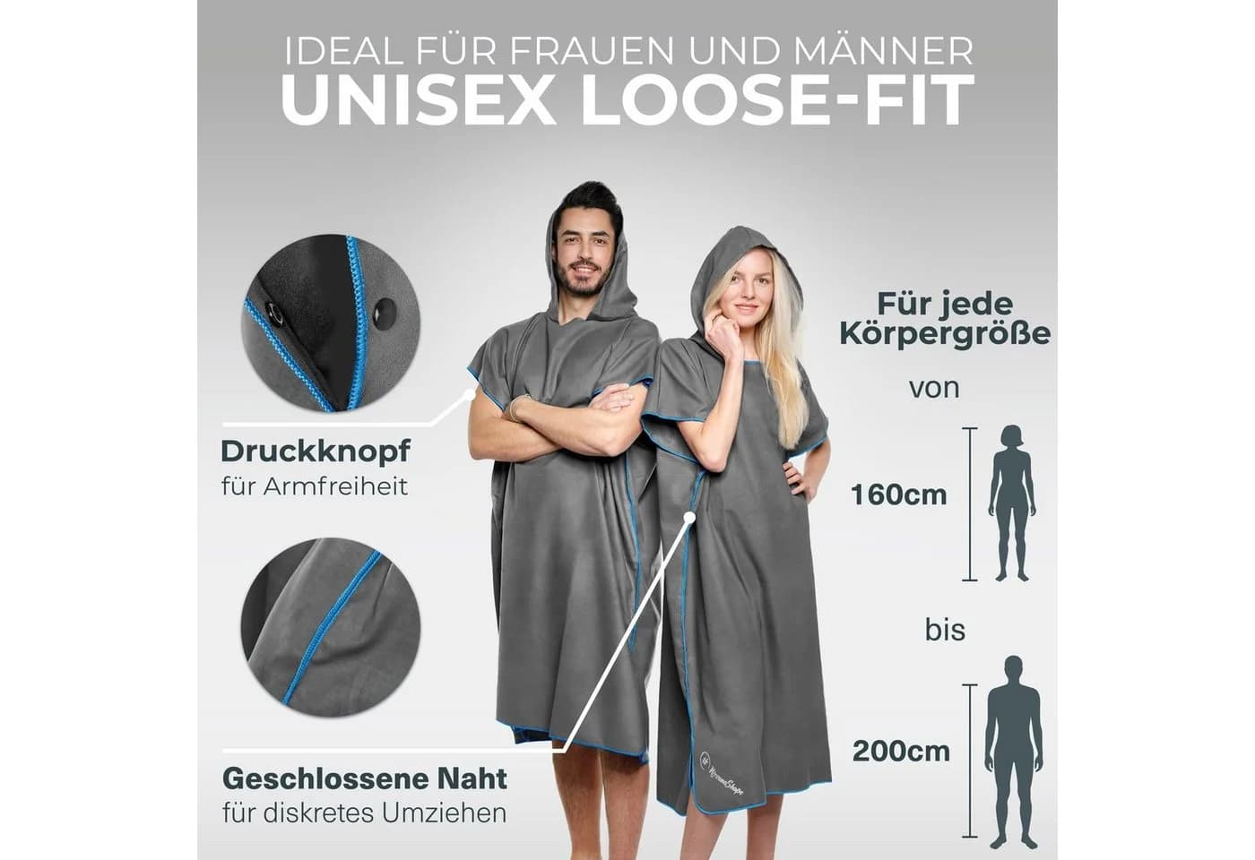 NirvanaShape Handtuch-Poncho Grau/Blau Mikrofaser Quick-Dry Unisex - Bild 3