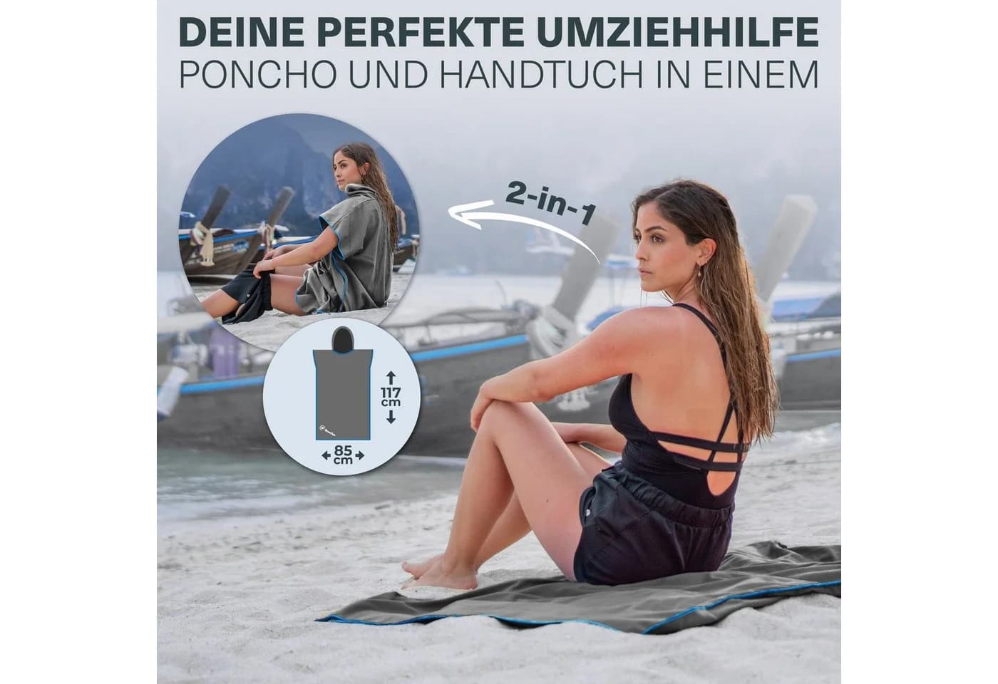 NirvanaShape Handtuch-Poncho Grau/Blau Mikrofaser Quick-Dry Unisex - Bild 4