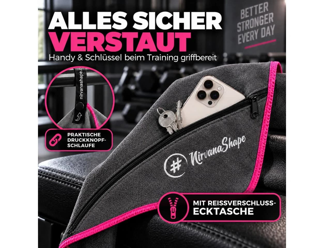 NirvanaShape Mikrofaser Fitnesshandtuch Grau mit Ecktasche - Bild 3