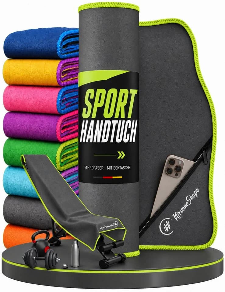 NirvanaShape Mikrofaser Fitnesshandtuch Grau/Gelb mit Tasche & Knöpfen - Bild 2