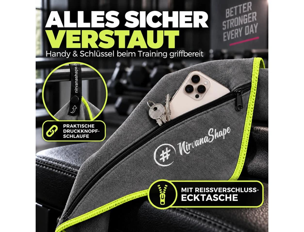 NirvanaShape Mikrofaser Fitnesshandtuch Grau/Gelb mit Tasche & Knöpfen - Bild 3