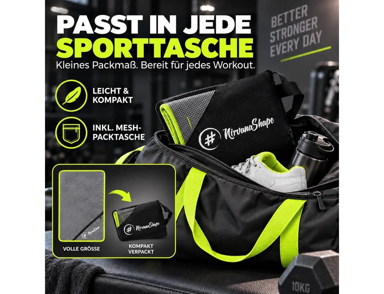 NirvanaShape Mikrofaser Fitnesshandtuch Grau/Gelb mit Tasche & Knöpfen - Bild 5