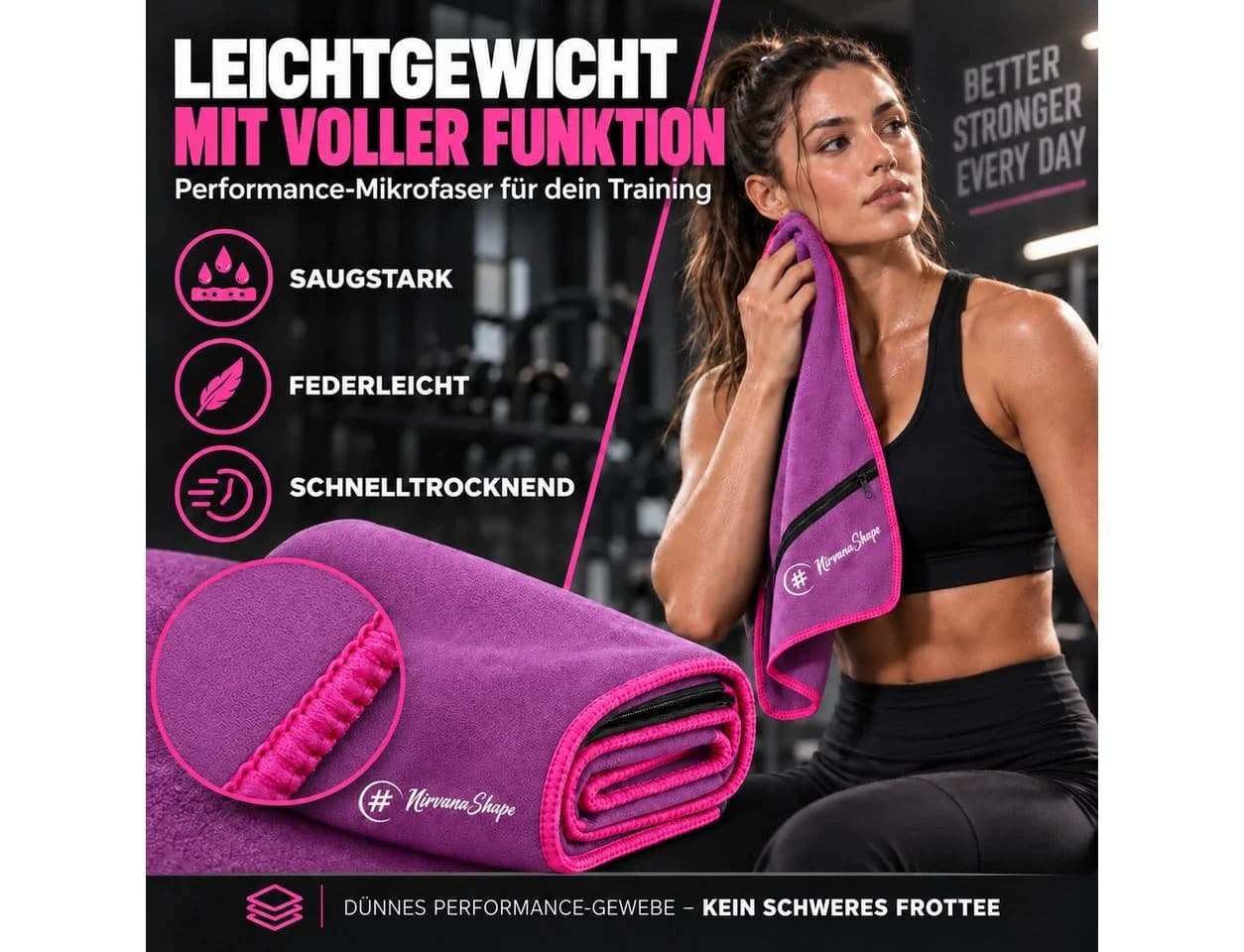 NirvanaShape Mikrofaser Fitnesshandtuch Rosa mit Tasche