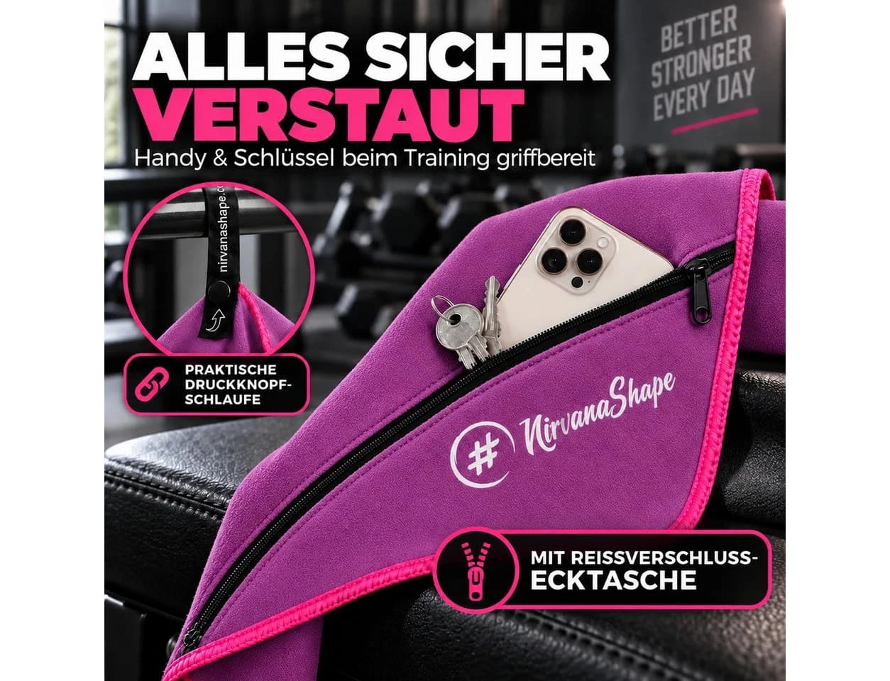 NirvanaShape Mikrofaser Fitnesshandtuch Rosa mit Tasche - Bild 3
