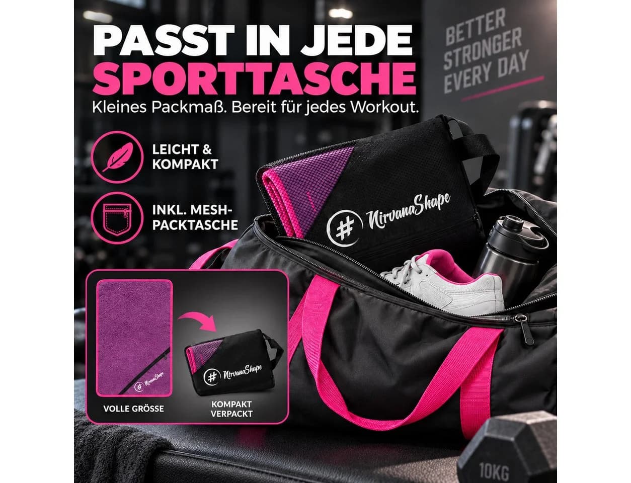 NirvanaShape Mikrofaser Fitnesshandtuch Rosa mit Tasche - Bild 5