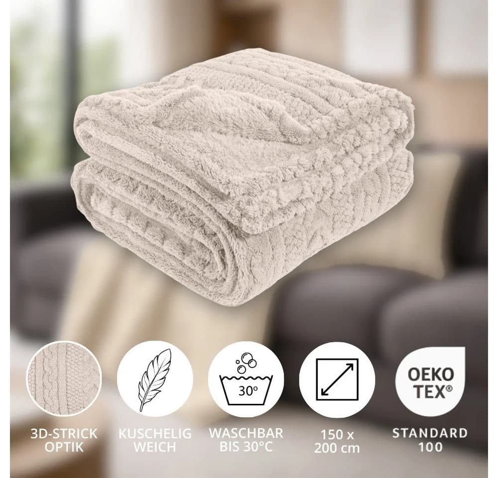 REALLaxx Wohndecke Meran Beige Strickoptik Kuscheldecke - Bild 4