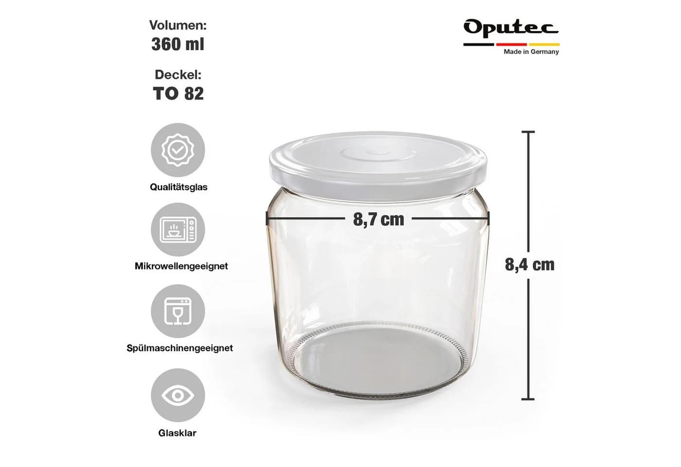Oputec Einmachglas Set 12x 360ml mit Schraubdeckel TO 82 Weiß