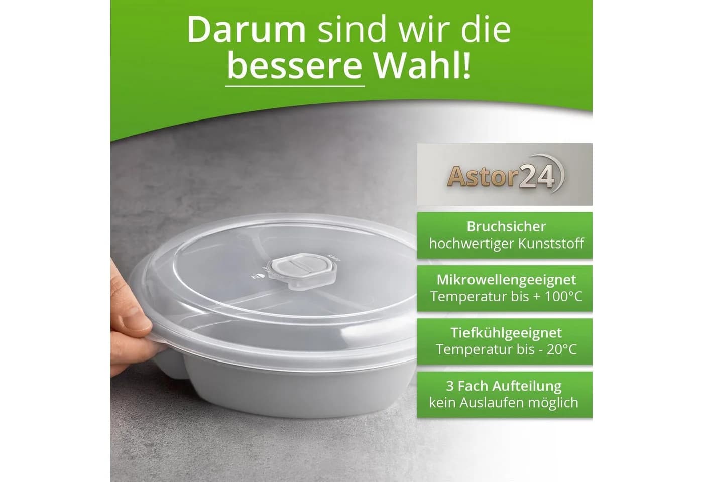 astor24 Mikrowellenteller 2-tlg. mit Deckel BPA-frei 3-Fach Aufteilung - Bild 3