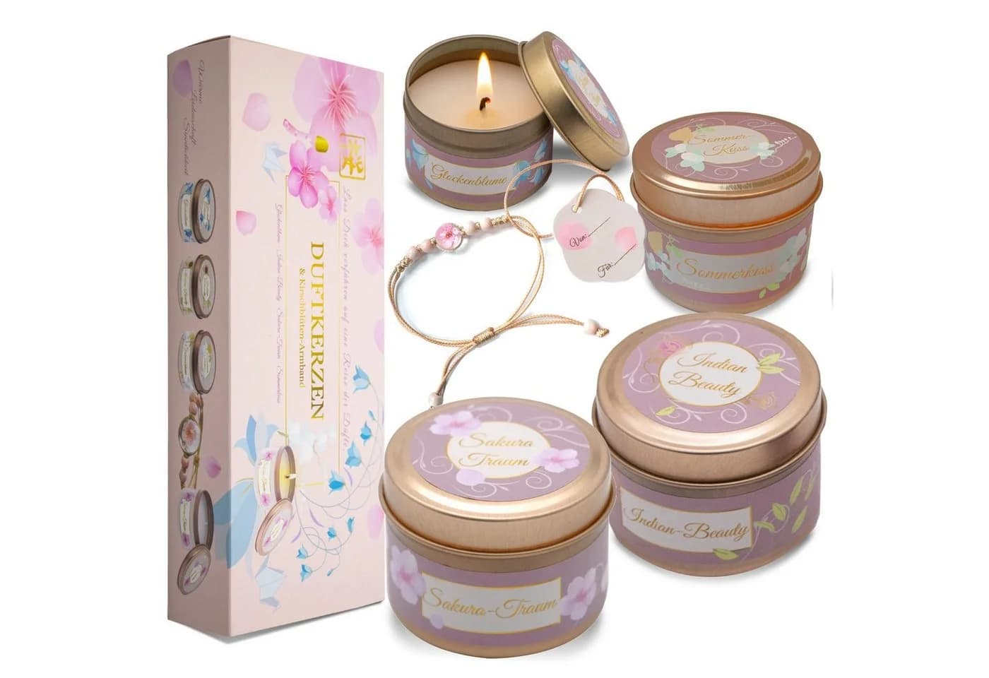 Lucadeau Duftkerzen Geschenkset 4-tlg. Rosa Sojawachs Sakura-Armband - Bild 2