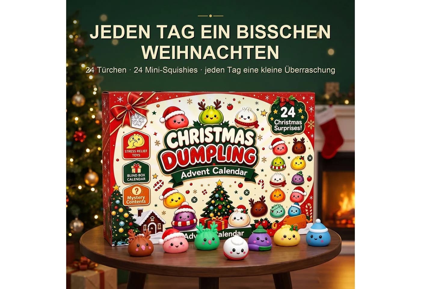 Lucadeau Spielzeug-Adventskalender Squishy 2026 – 24 Mochi Squishies Bunt