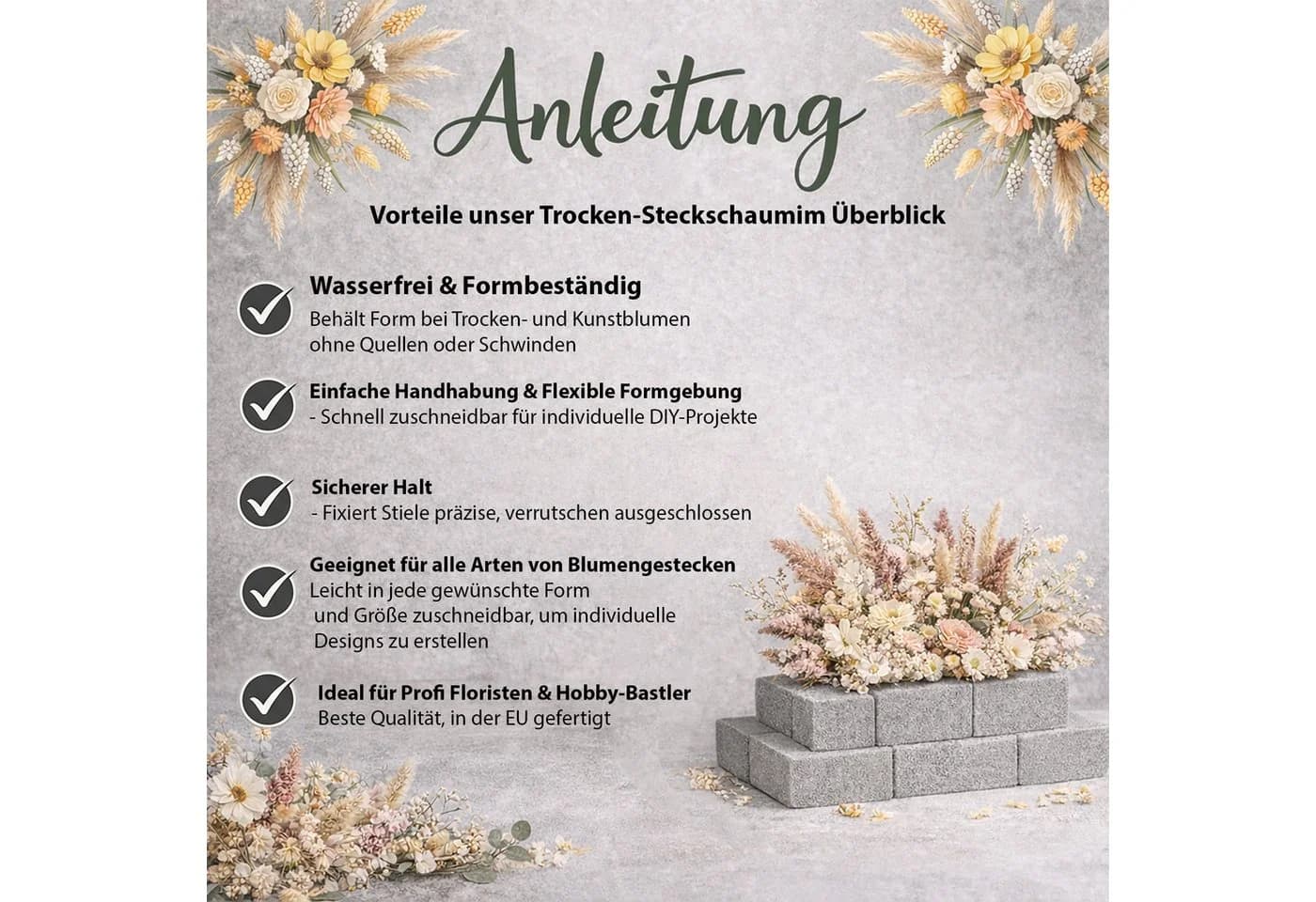 Creativery Trocken Steckschaum Ziegel Grau 3er Set für Kunstblumen - Bild 5
