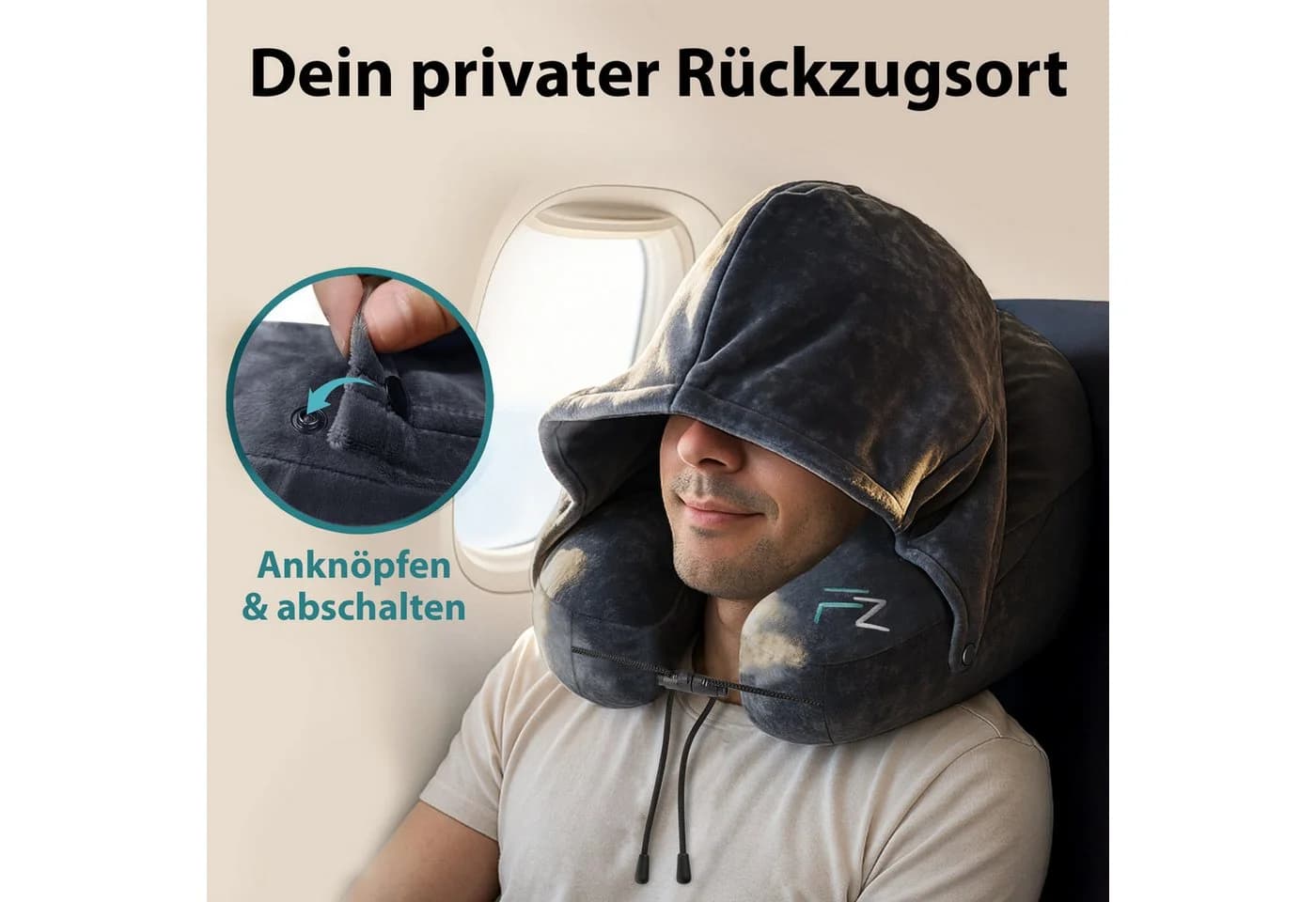 FLOWZOOM Nackenhörnchen AIR aufblasbar - Schwarz - Reisekissen mit Kapuze - Bild 5