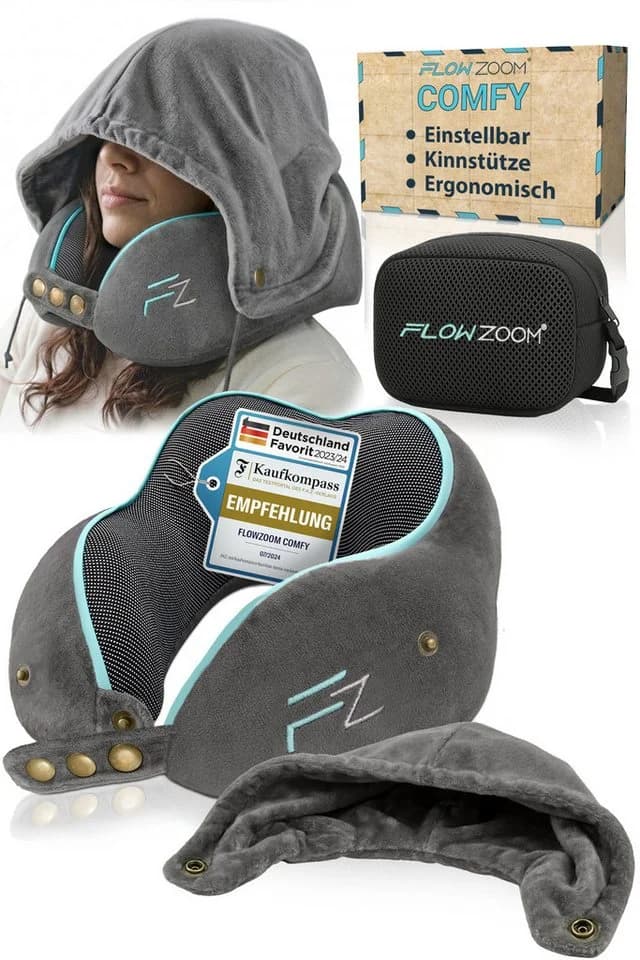 FLOWZOOM COMFY Nackenkissen Grau Memory-Schaum Reisekissen verstellbar - Bild 2