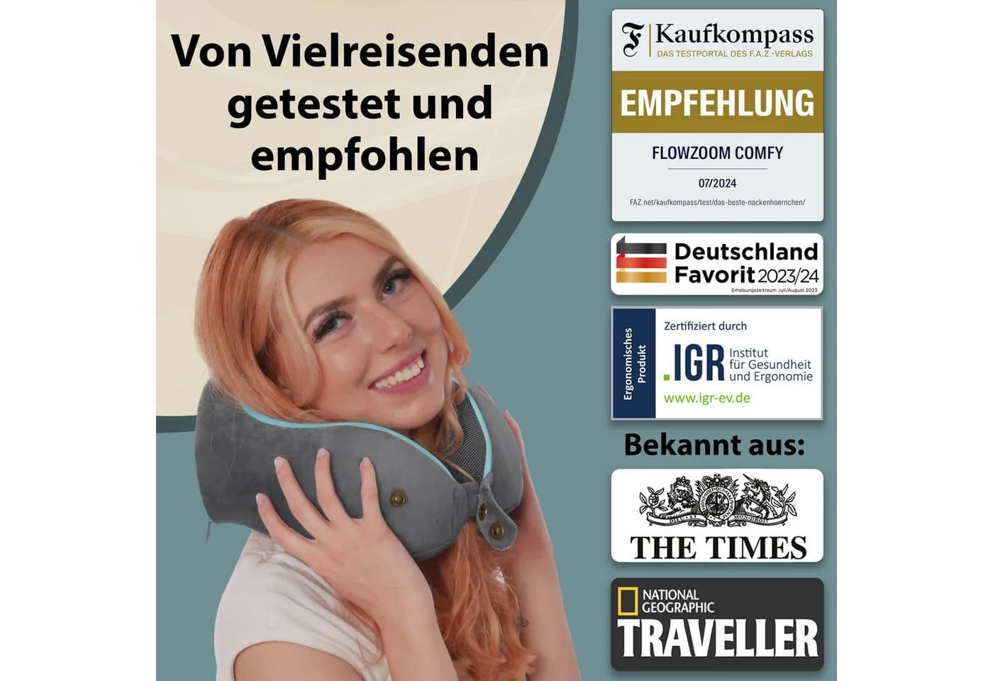 FLOWZOOM COMFY Nackenkissen Grau Memory-Schaum Reisekissen verstellbar - Bild 5