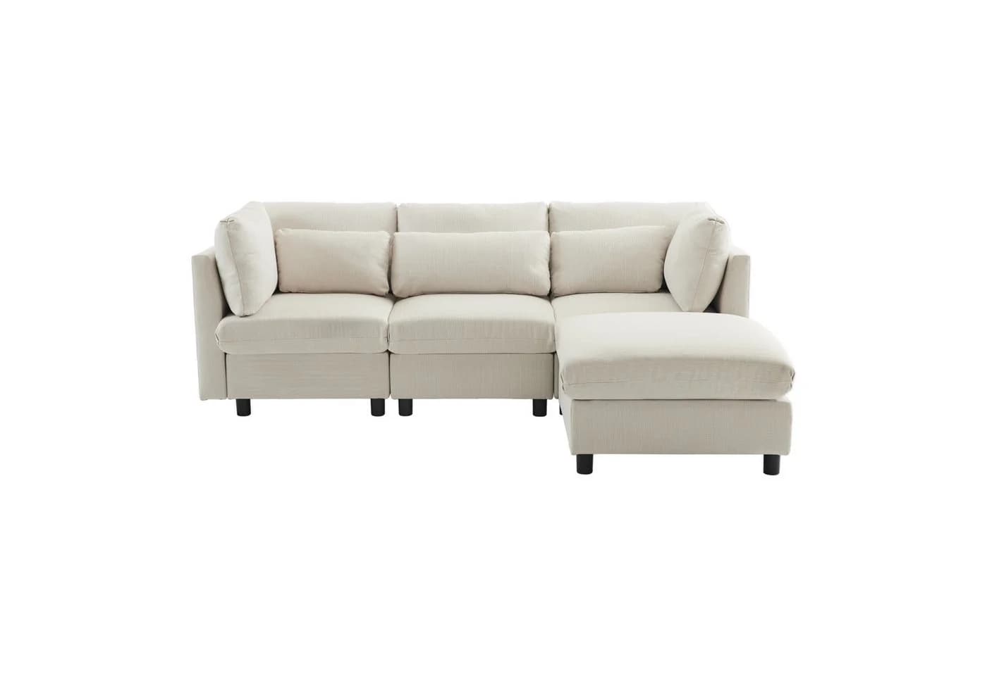 SOFTWEARY Ecksofa L-Form mit Hocker und Kissen Leinen Beige - Bild 2