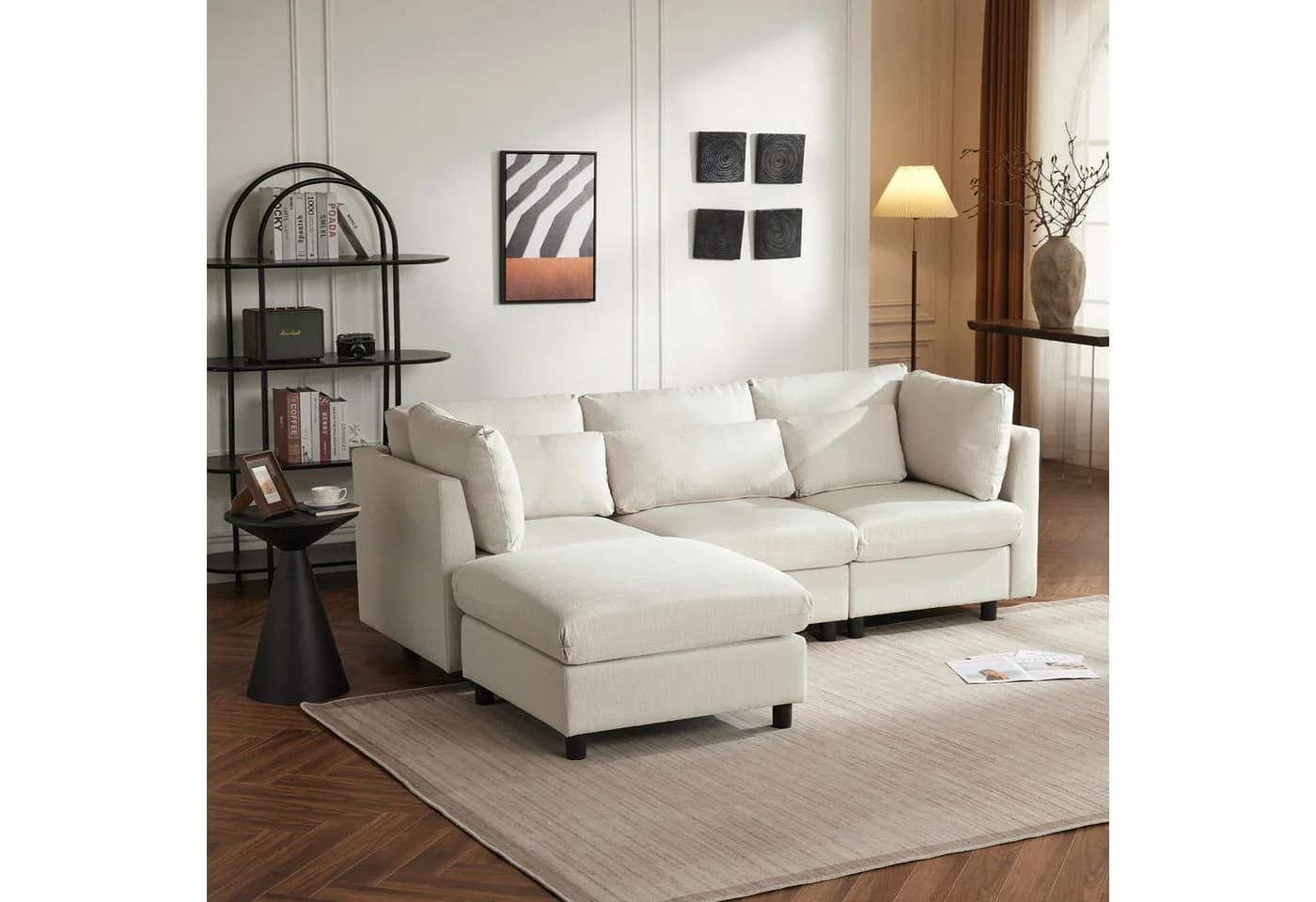 SOFTWEARY Ecksofa L-Form mit Hocker und Kissen Leinen Beige - Bild 3