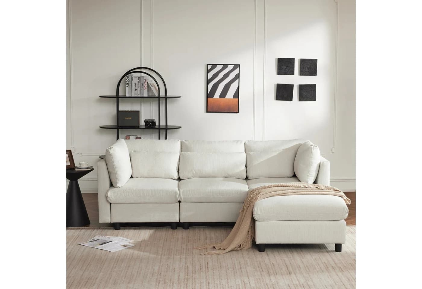 SOFTWEARY Ecksofa L-Form mit Hocker und Kissen Leinen Beige - Bild 4