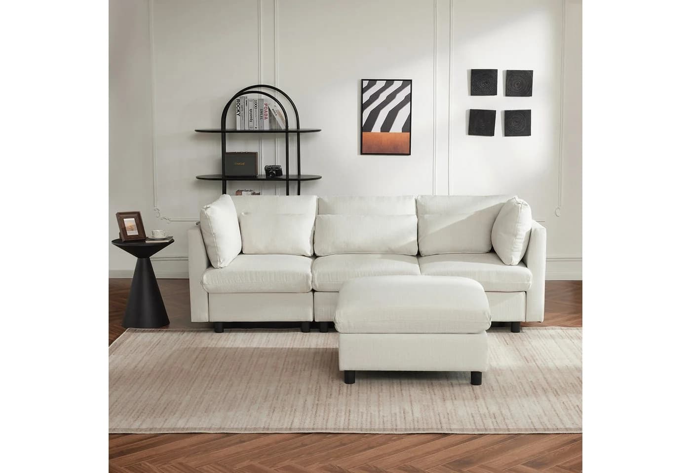 SOFTWEARY Ecksofa L-Form mit Hocker und Kissen Leinen Beige - Bild 5