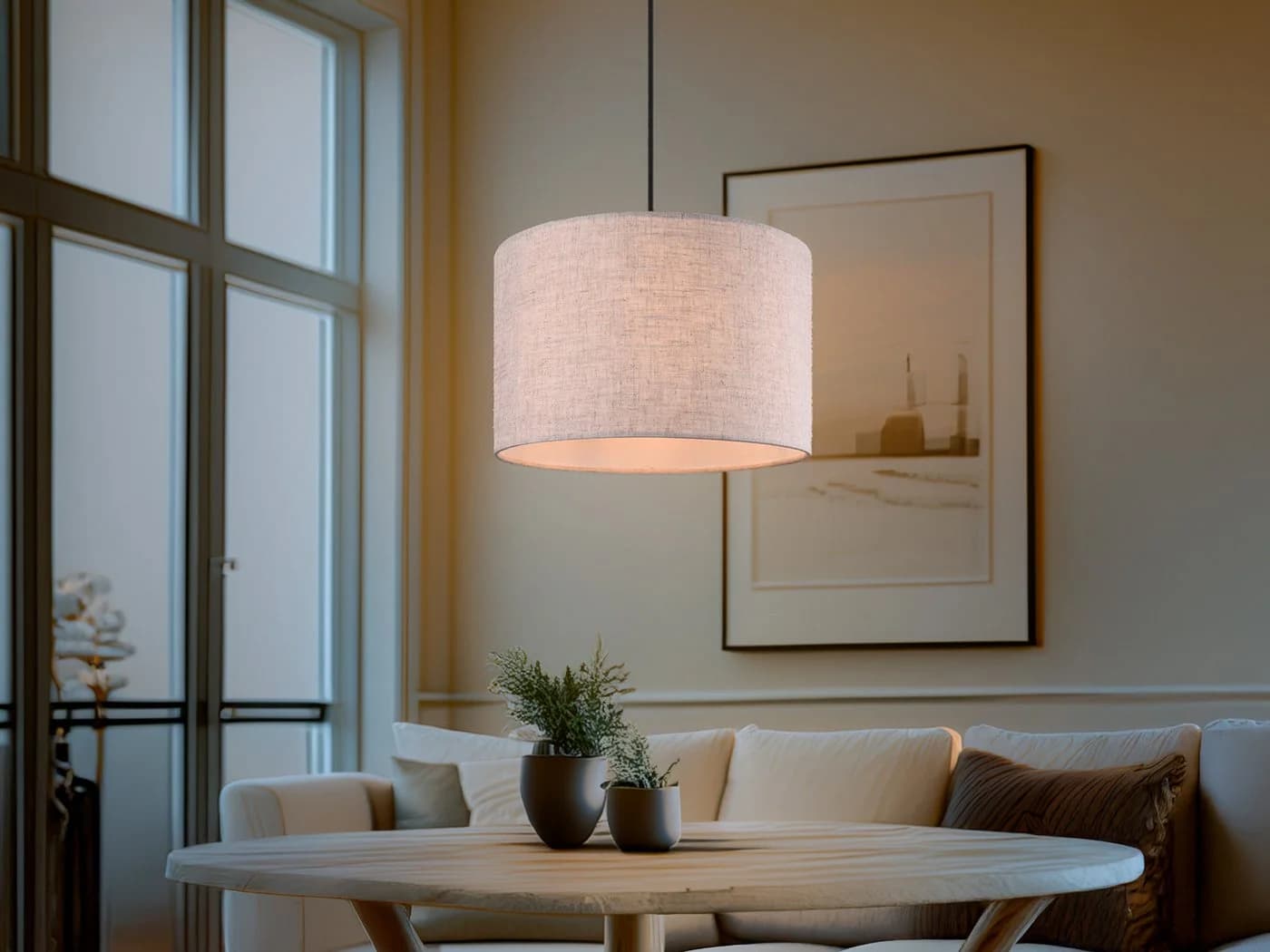 Trio Leuchten LED Pendelleuchte Beige Braun Holz Stoff Skandinavisch