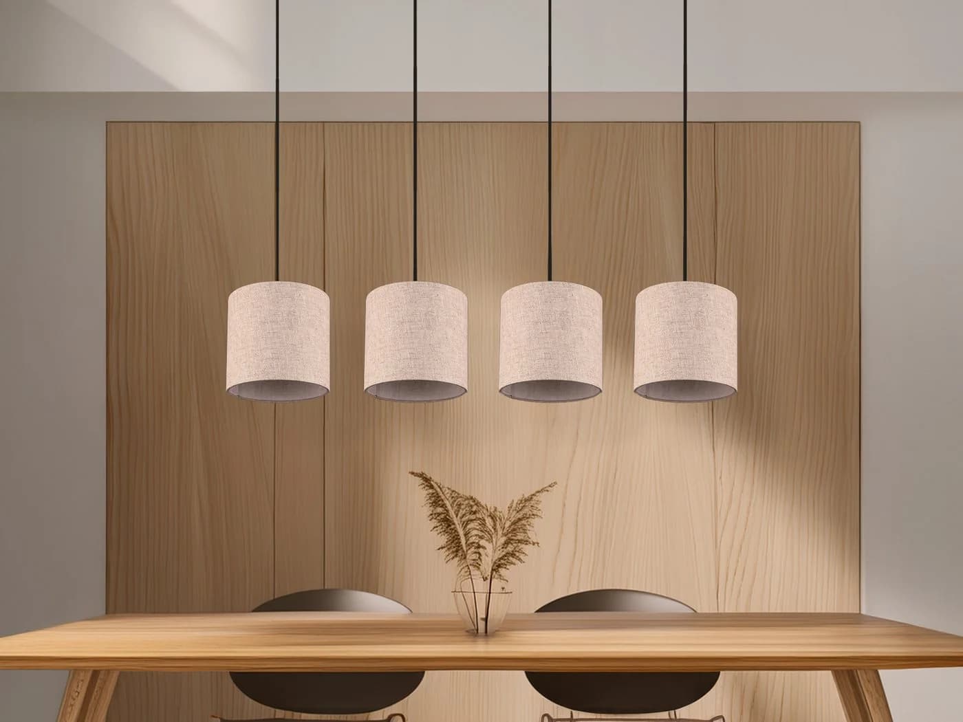 Trio Leuchten LED Pendelleuchte 4-flammig Beige Holz Stoff Skandinavisch - Bild 5