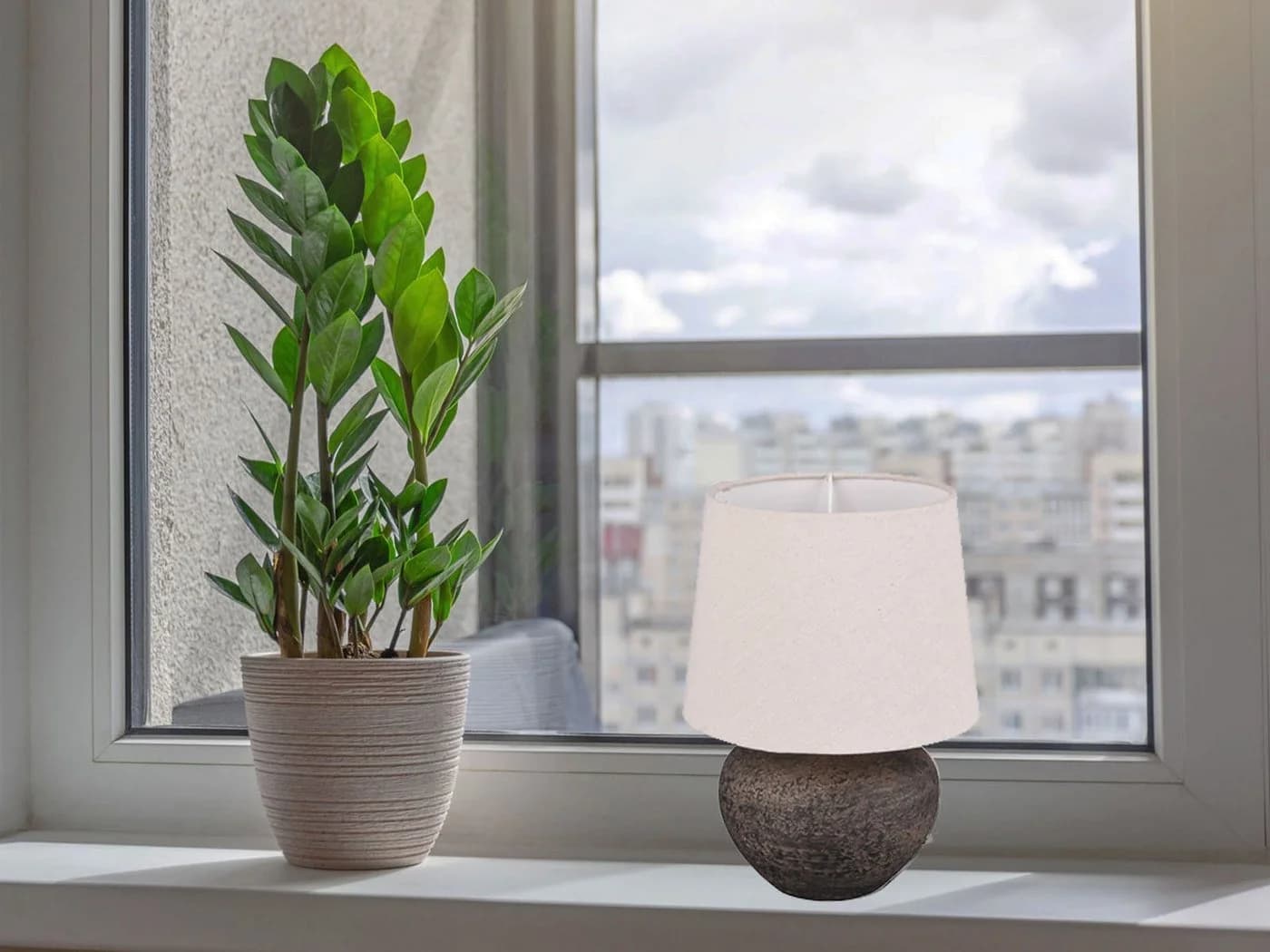 Reality Leuchten LED Tischleuchte Beige Keramik & Stoff