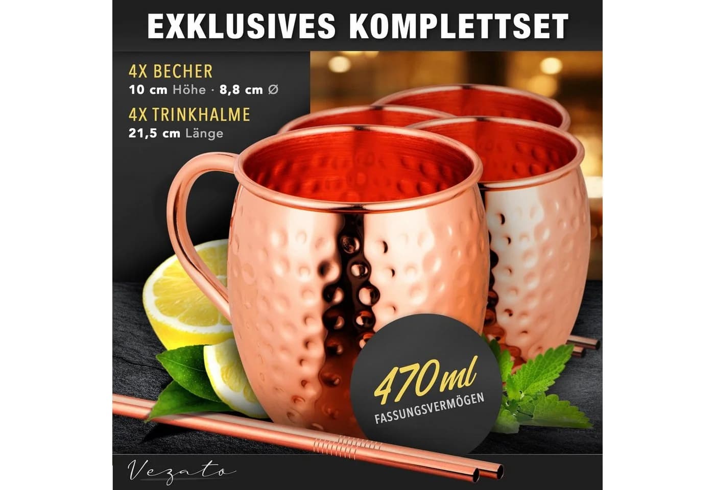 Vezato Moscow Mule Becher Set 4x 500ml Kupfer gehämmert mit Strohhalmen