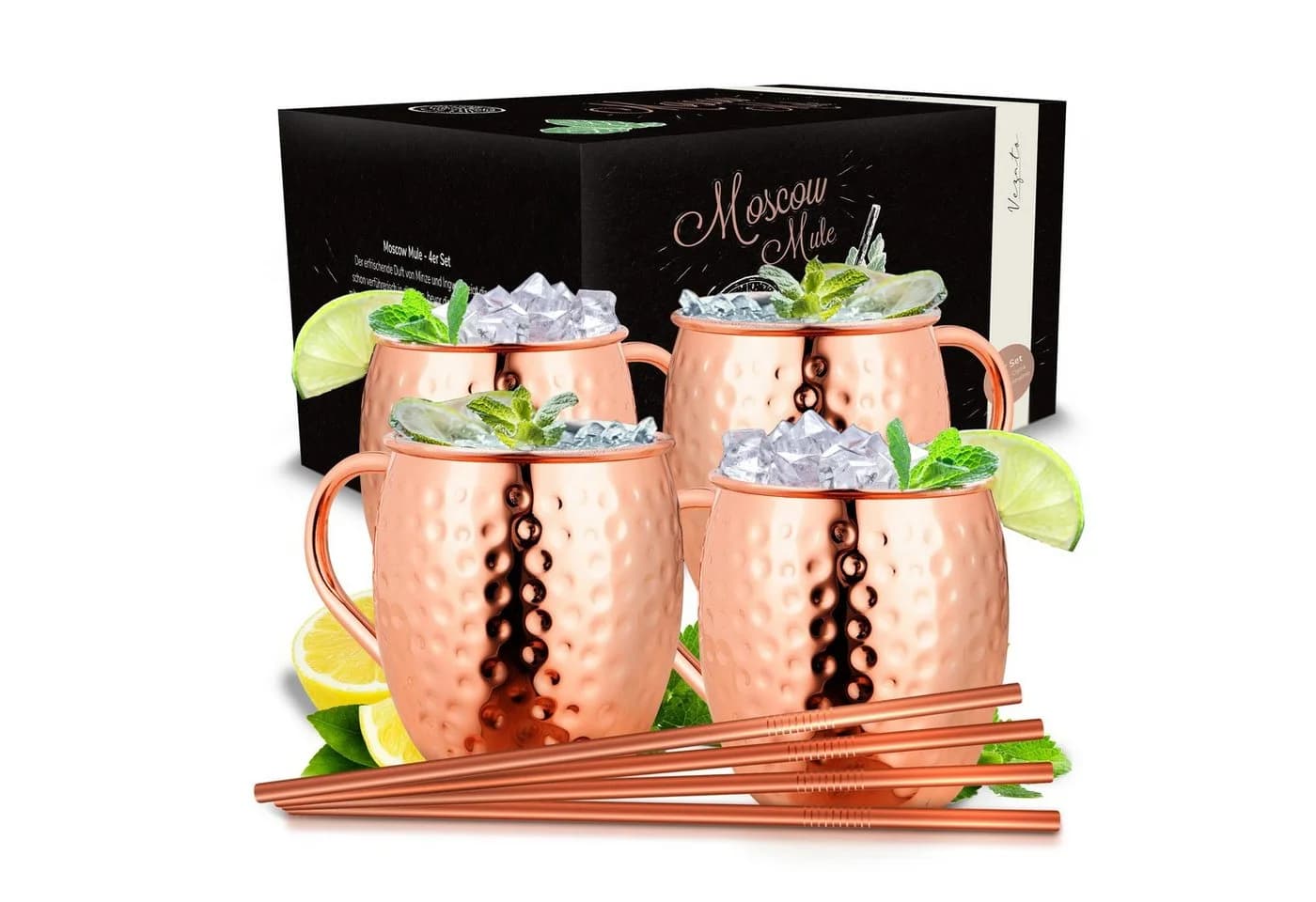 Vezato Moscow Mule Becher Set 4x 500ml Kupfer gehämmert mit Strohhalmen - Bild 2