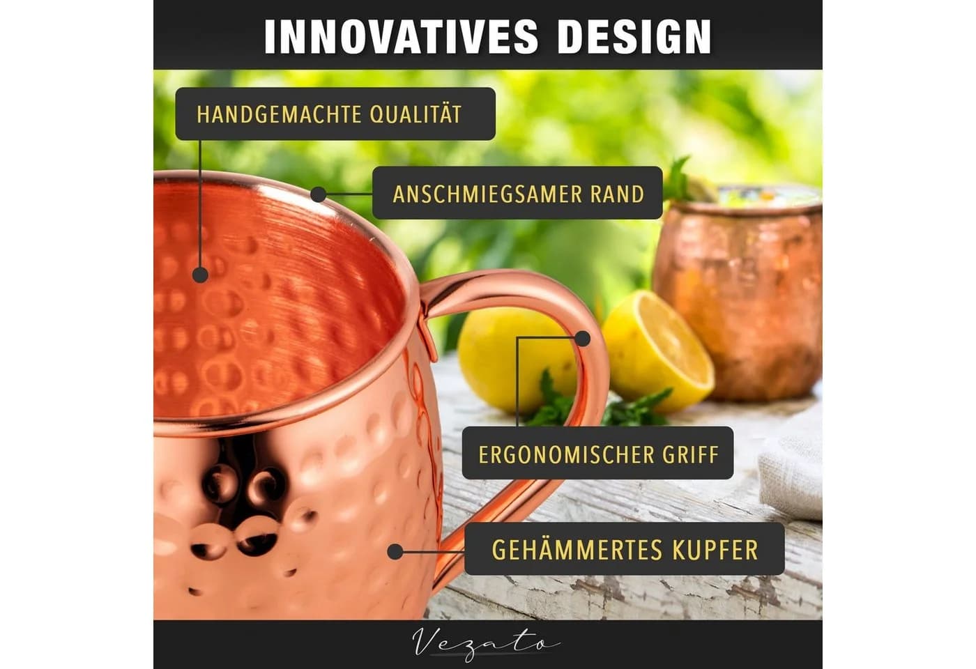 Vezato Moscow Mule Becher Set 4x 500ml Kupfer gehämmert mit Strohhalmen - Bild 3