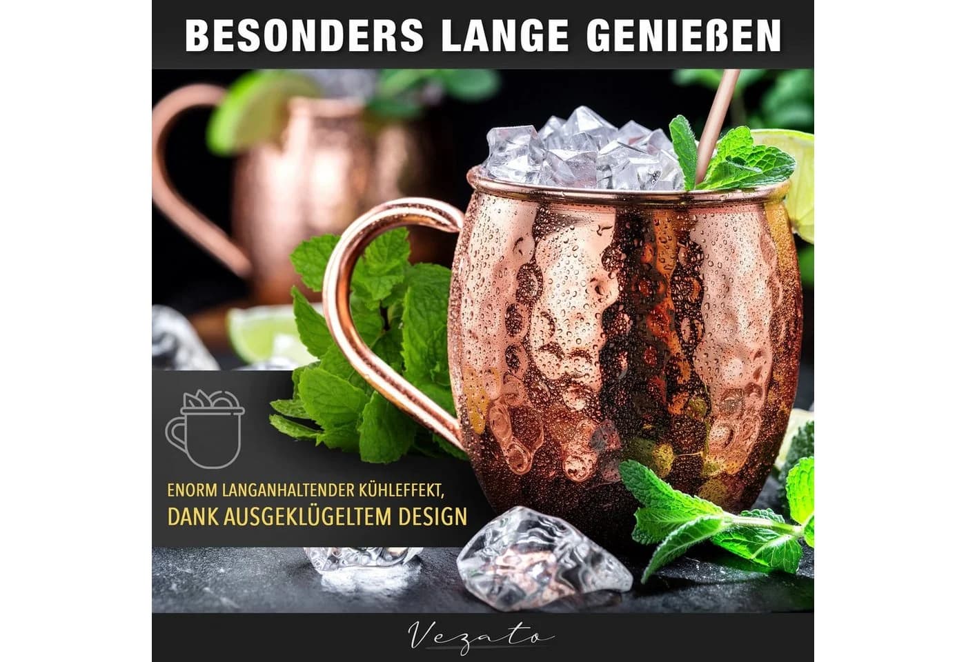 Vezato Moscow Mule Becher Set 4x 500ml Kupfer gehämmert mit Strohhalmen - Bild 4