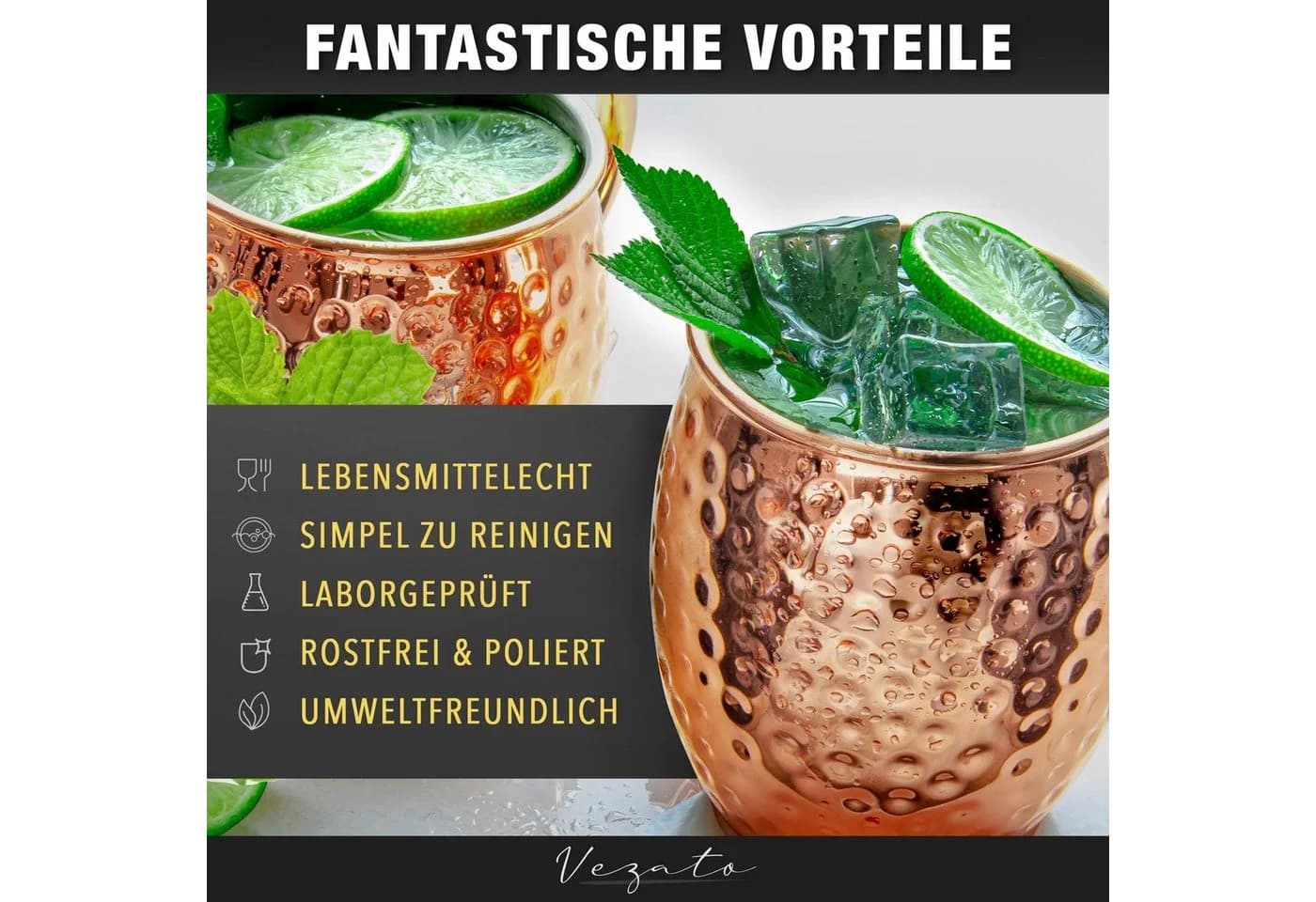 Vezato Moscow Mule Becher Set 4x 500ml Kupfer gehämmert mit Strohhalmen - Bild 5