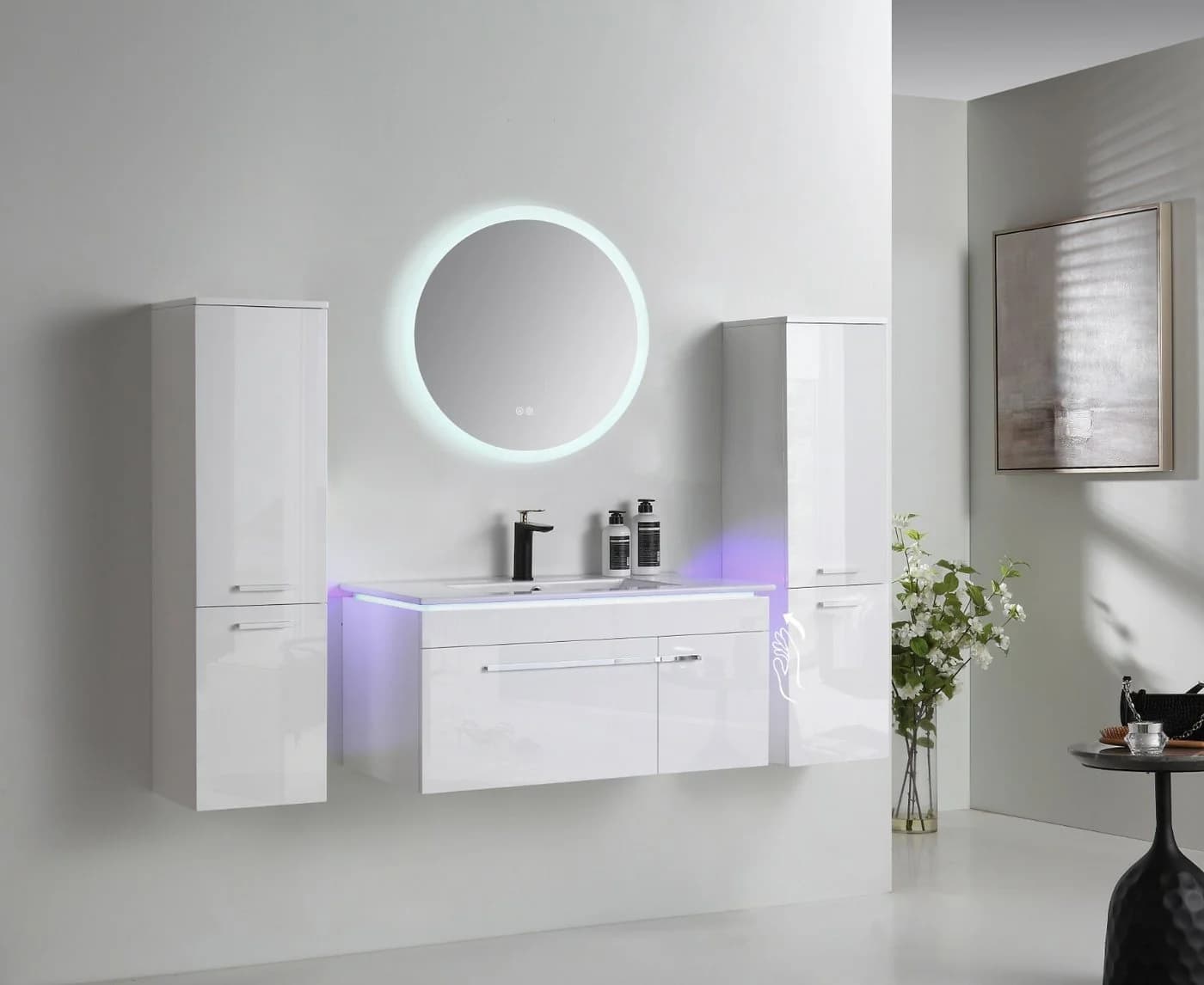 Faizee Möbel Badmöbel-Set Weiß Hochglanz mit LED-Spiegel und Soft-Close - Bild 3