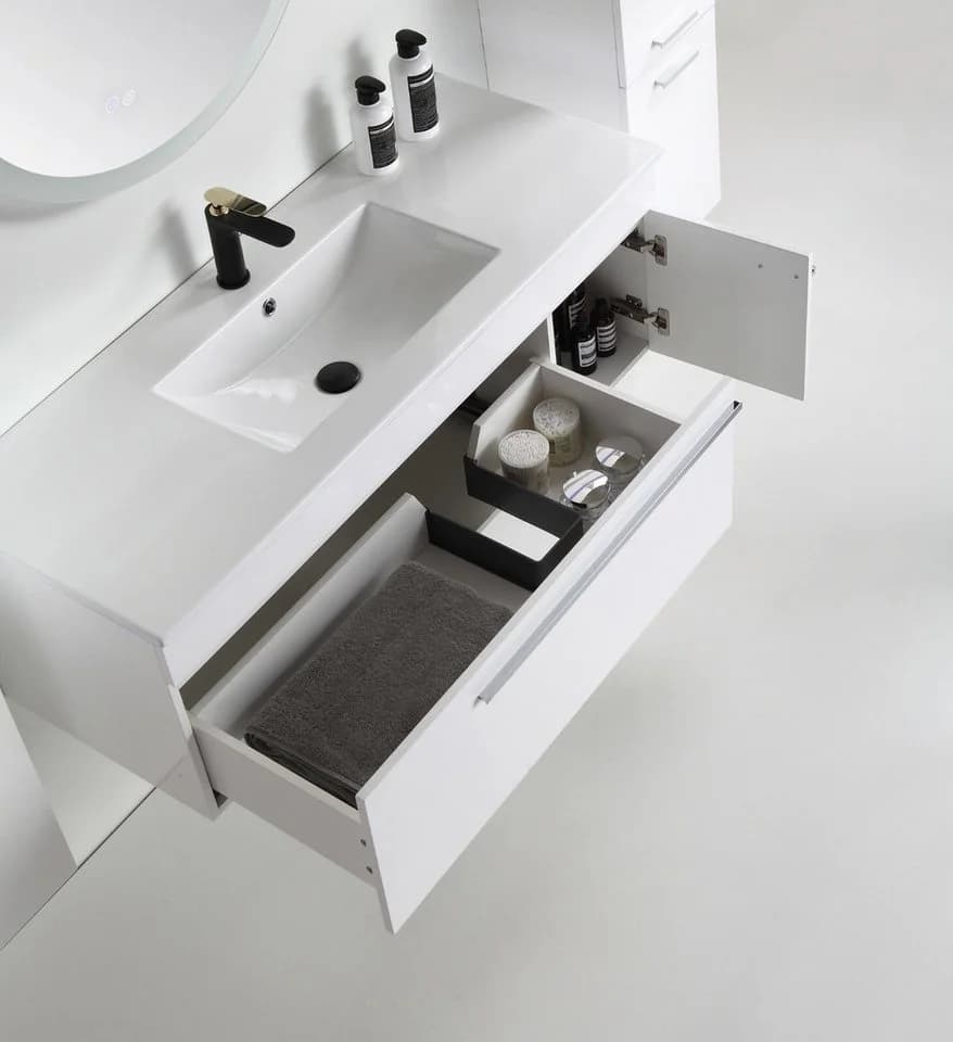 Faizee Möbel Badmöbel-Set Weiß Hochglanz mit LED-Spiegel und Soft-Close - Bild 4