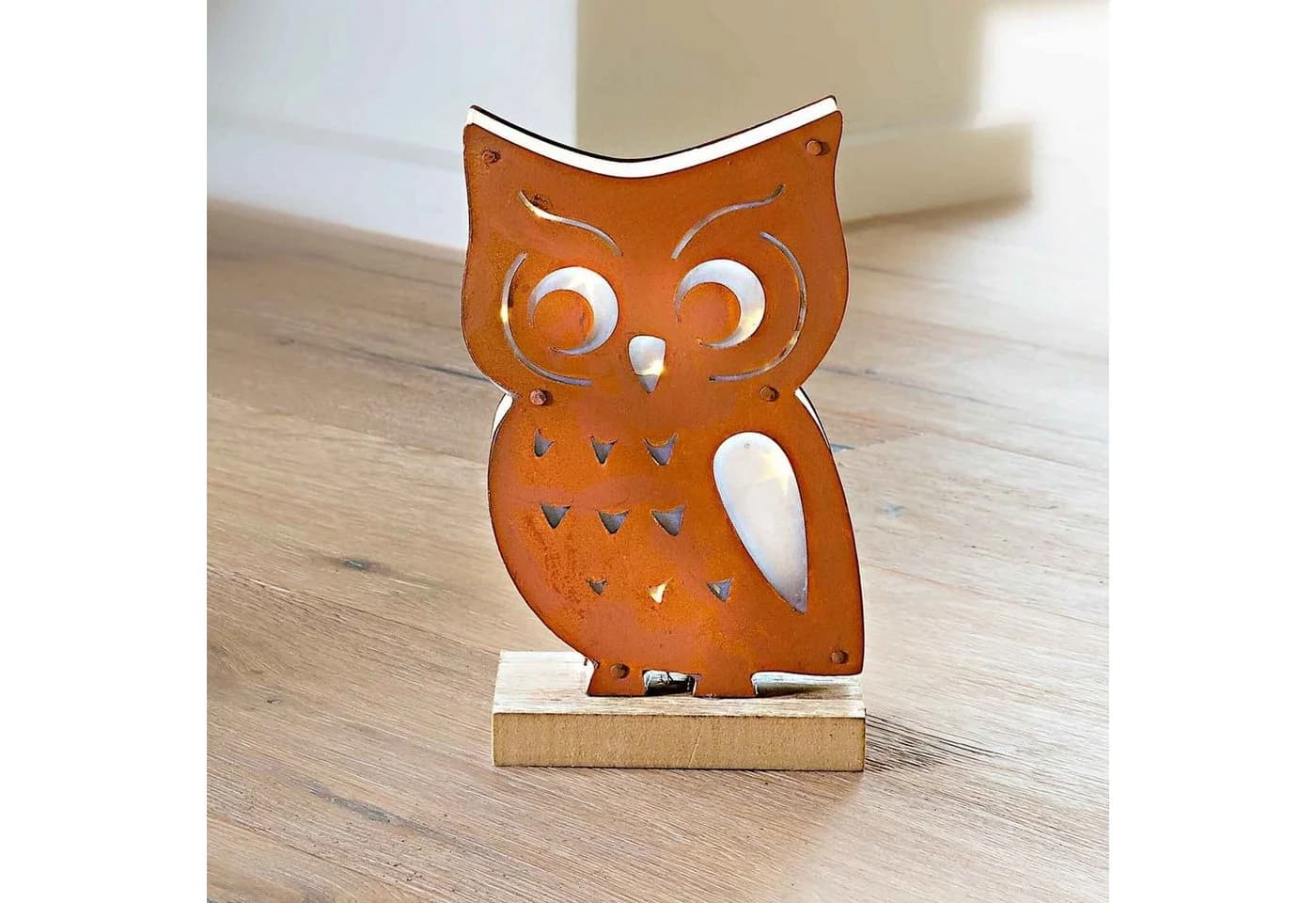 HAC24 LED Dekofigur Eule 18 cm Holz Beleuchtung Metall Dekoleuchte Warmweiß Batteriebetrieb