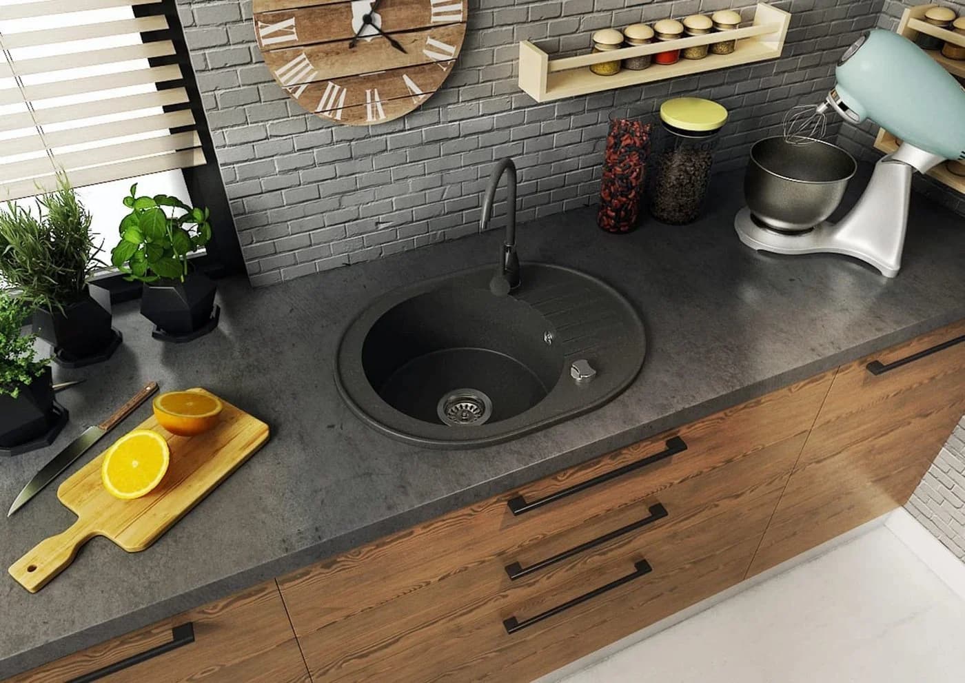 manestein Granitspüle Oval Graphit-Schwarz mit Abtropffläche