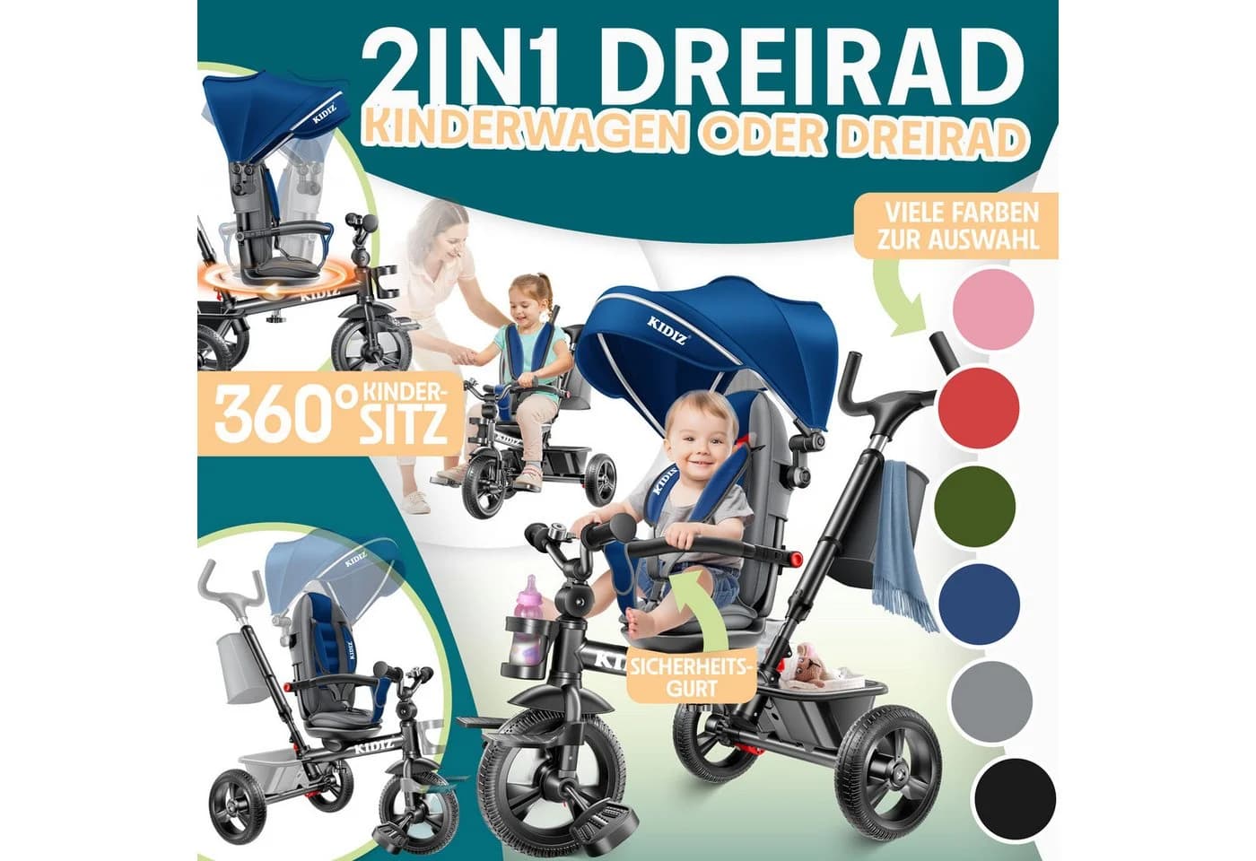 KIDIZ 5in1 Kinderdreirad mit Schubstange und Sonnendach - Bild 4