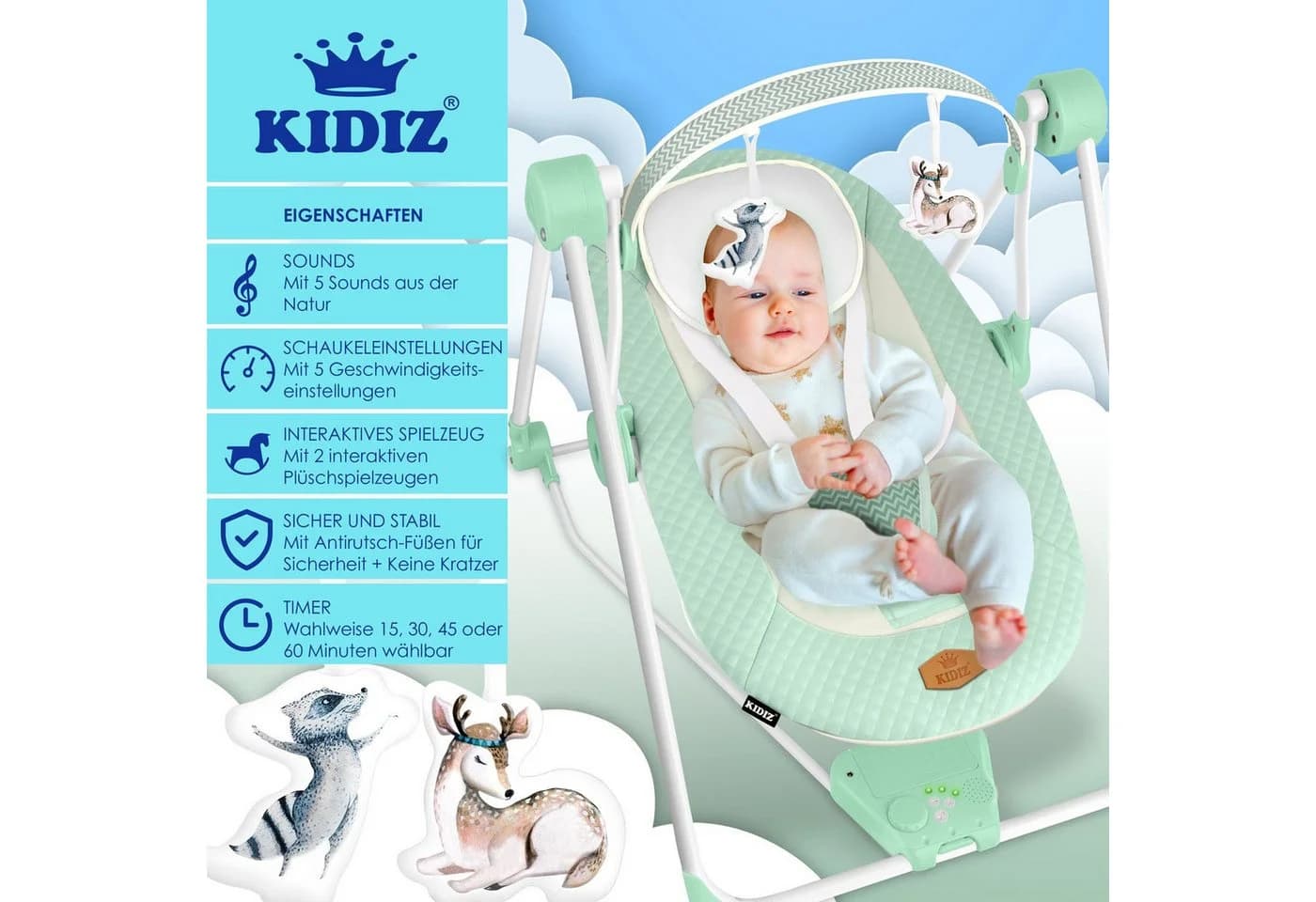 KIDIZ Babywippe mit 5 Geschwindigkeiten & Naturgeräuschen - Bild 2