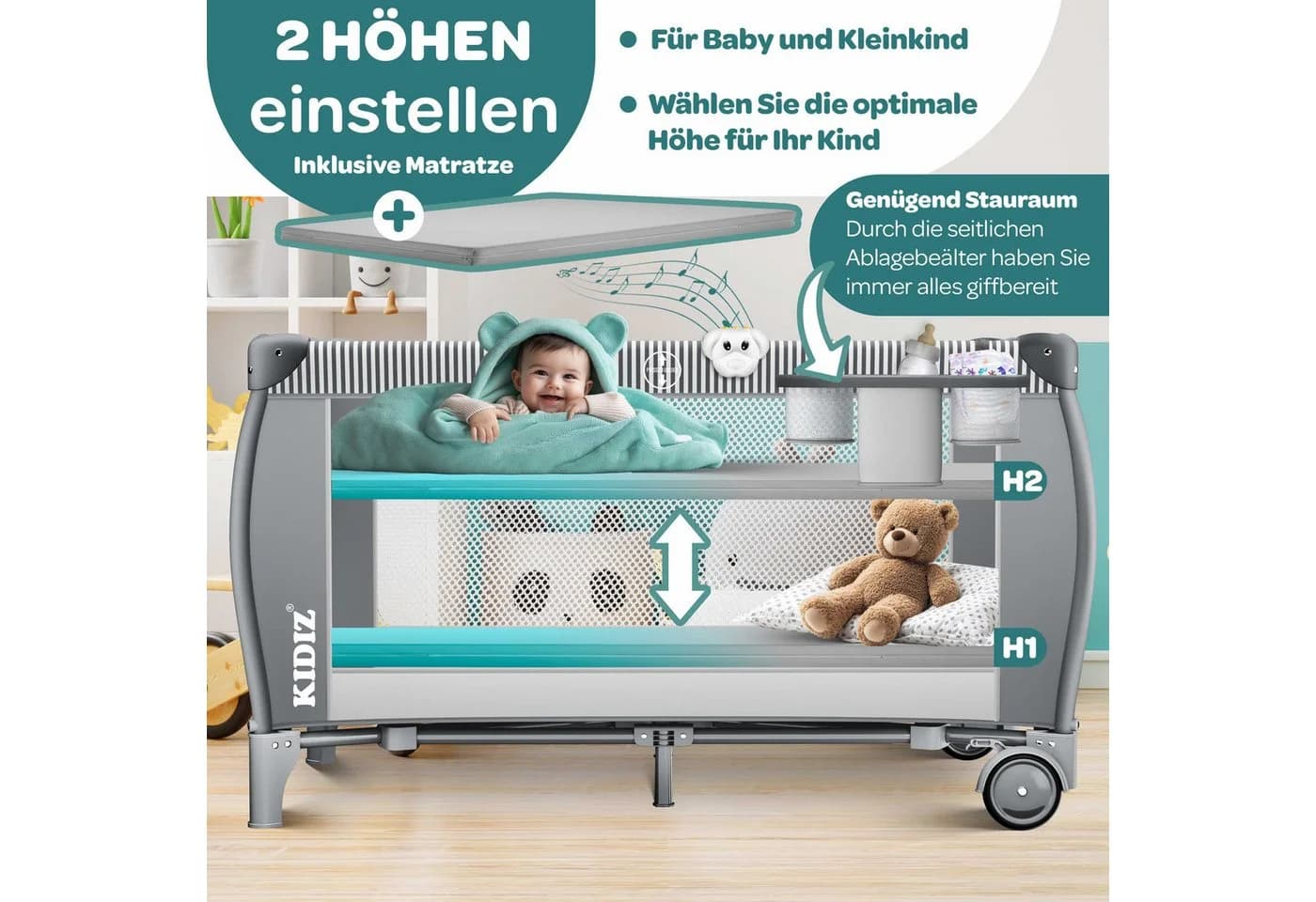 KIDIZ Babybett 3in1 Reisebett mit Wickeltisch und Spielzeug - Bild 4