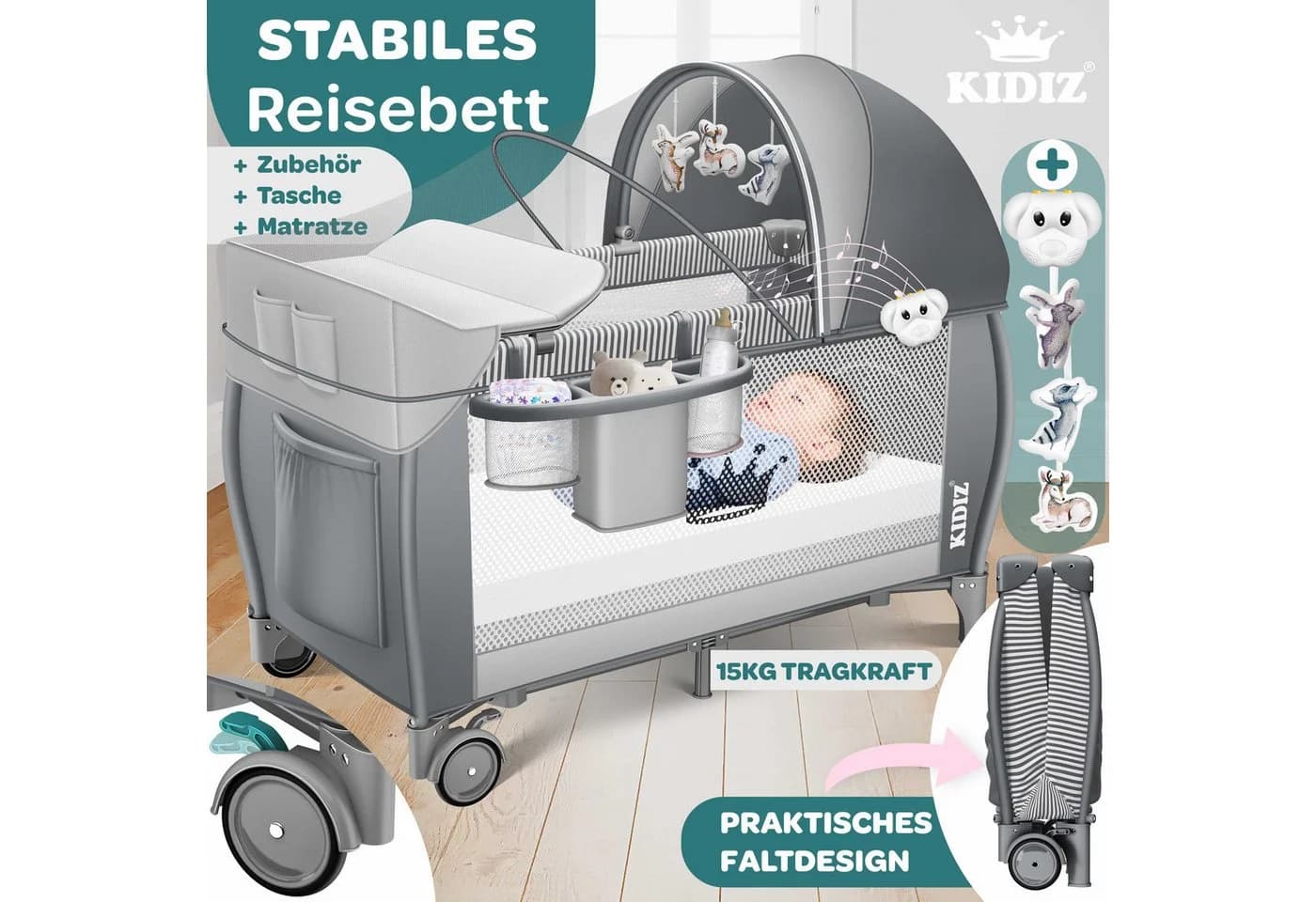 KIDIZ Babybett 3in1 Reisebett mit Wickeltisch und Spielzeug - Bild 5