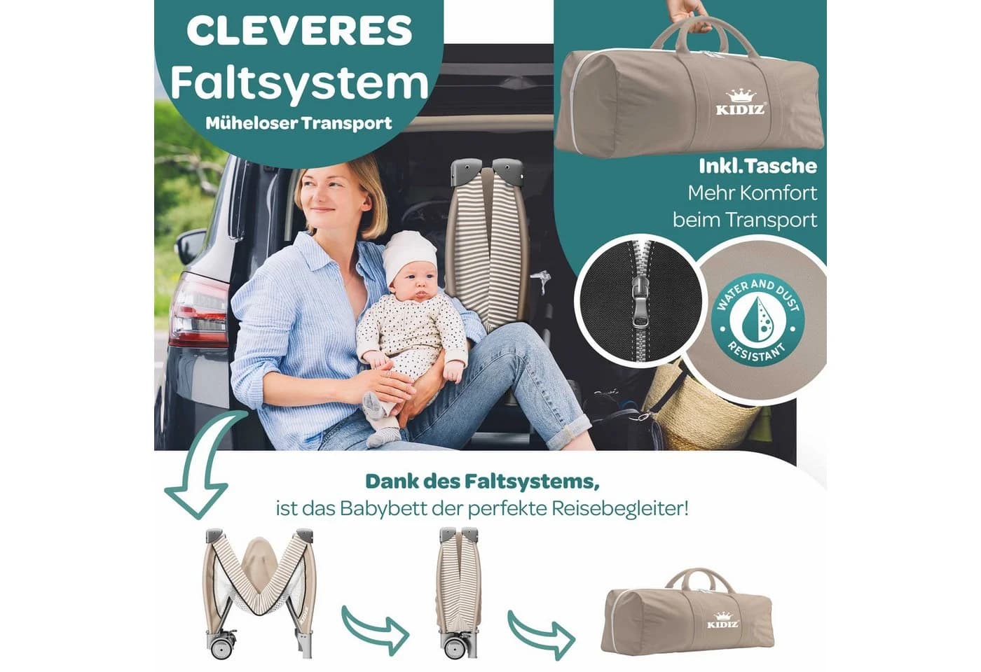 KIDIZ Babybett 3in1 Reisebett mit Wickeltisch und Musikspielzeug Beige/Schwarz - Bild 2