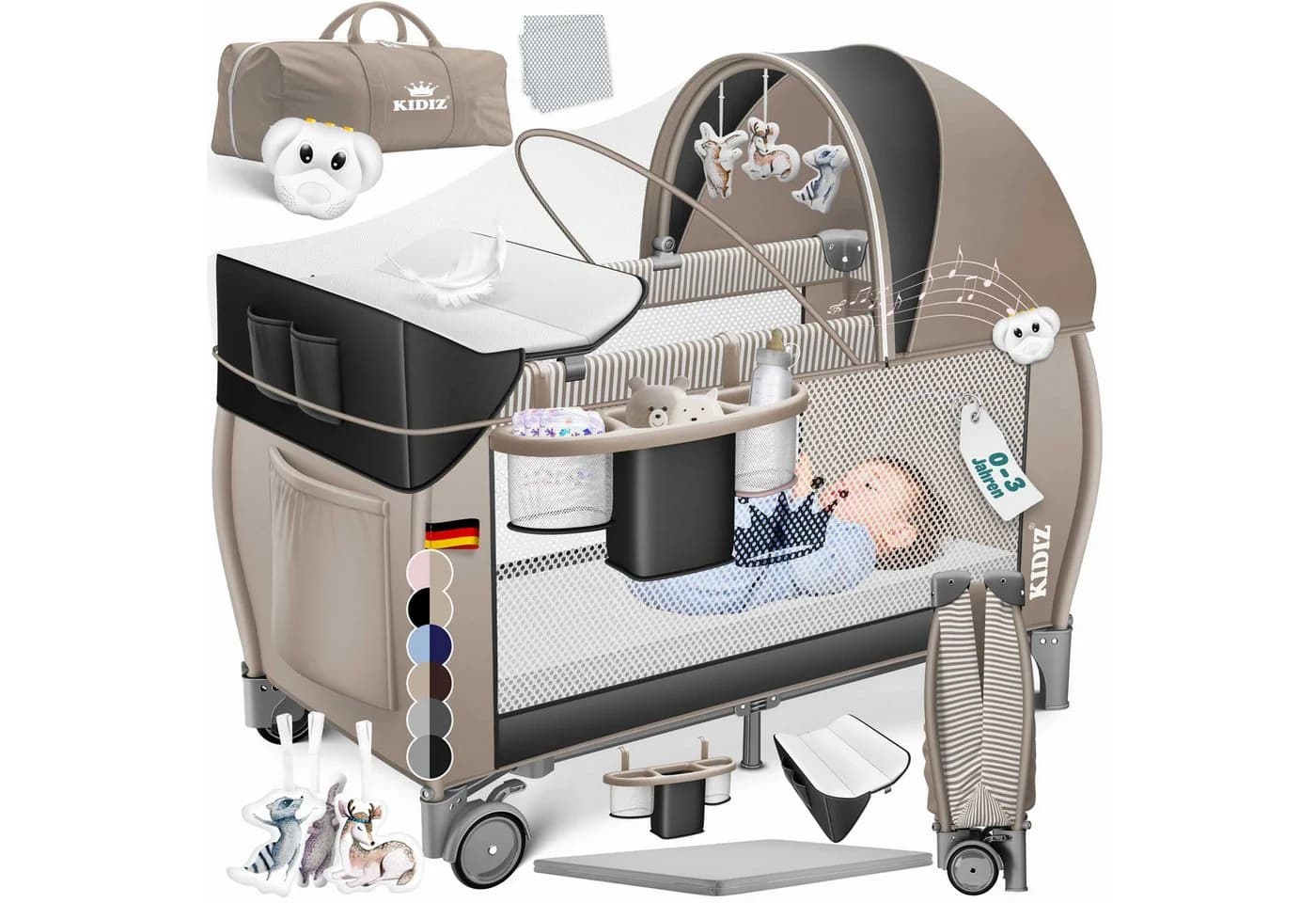 KIDIZ Babybett 3in1 Reisebett mit Wickeltisch und Musikspielzeug Beige/Schwarz - Bild 3