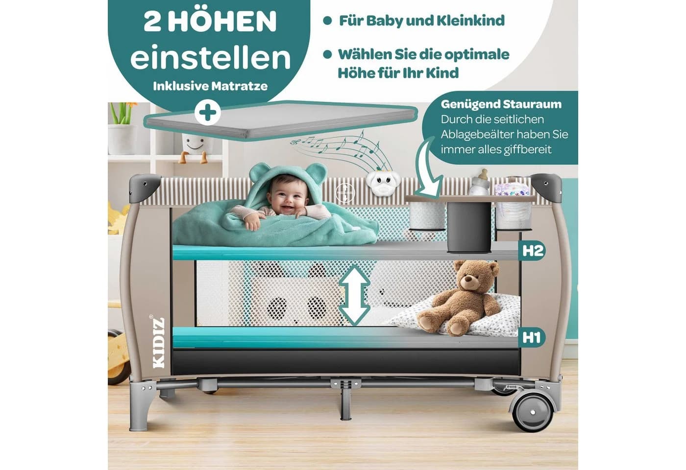 KIDIZ Babybett 3in1 Reisebett mit Wickeltisch und Musikspielzeug Beige/Schwarz - Bild 4