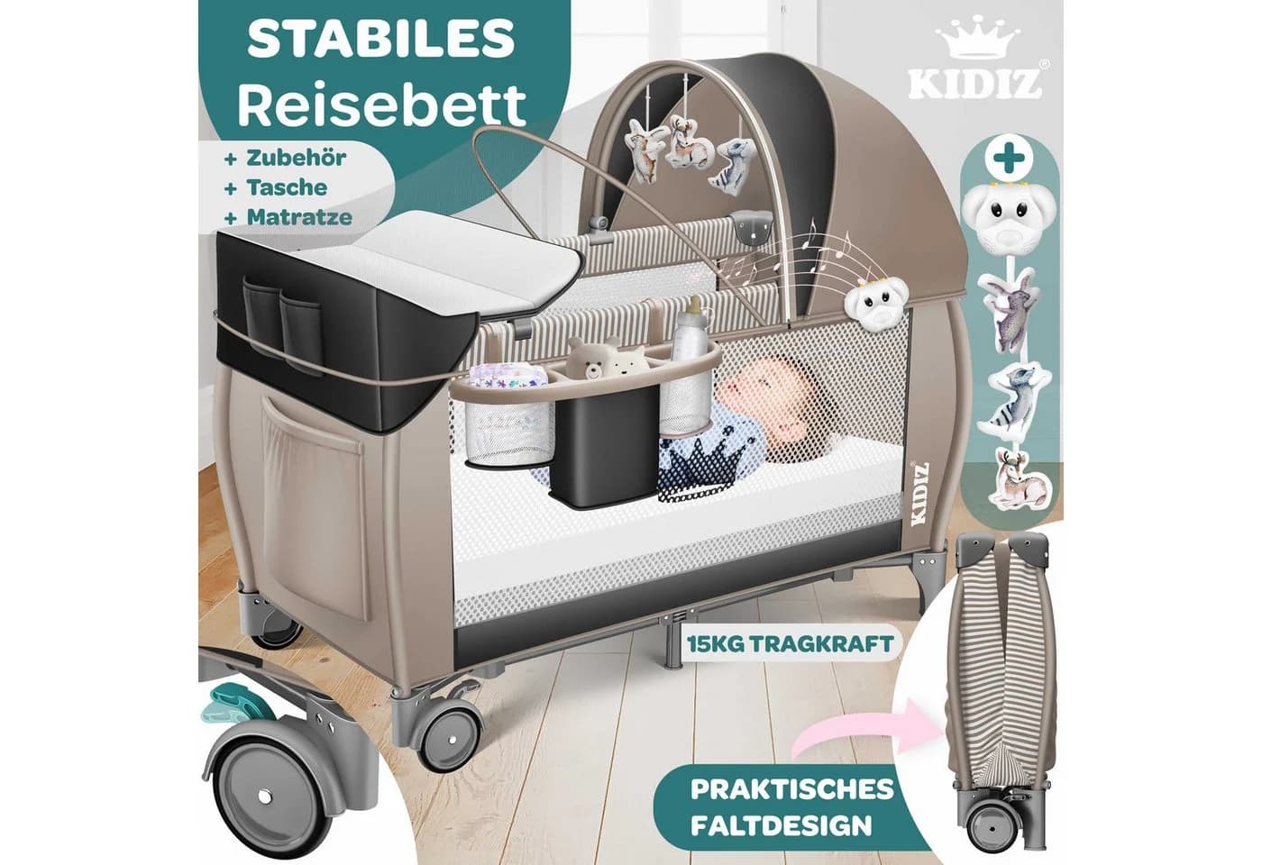 KIDIZ Babybett 3in1 Reisebett mit Wickeltisch und Musikspielzeug Beige/Schwarz - Bild 5