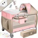 KIDIZ Baby-Reisebett 3in1 mit Wickeltisch, Matratze & Musikspielzeug Beige/Rosa Bild 1