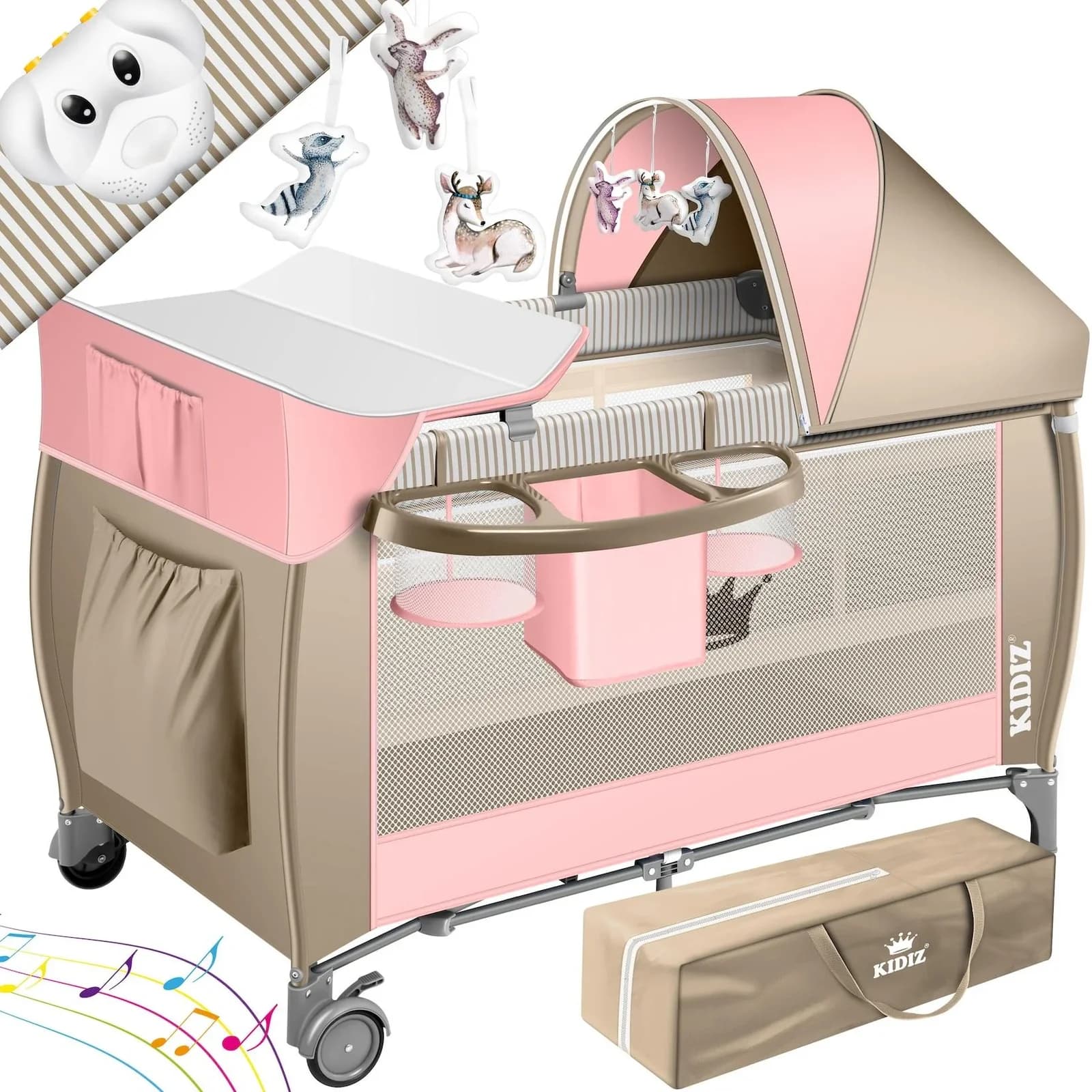 KIDIZ Baby-Reisebett 3in1 mit Wickeltisch, Matratze & Musikspielzeug Beige/Rosa