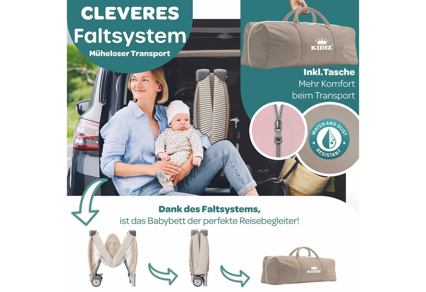 KIDIZ Baby-Reisebett 3in1 mit Wickeltisch, Matratze & Musikspielzeug Beige/Rosa - Bild 2