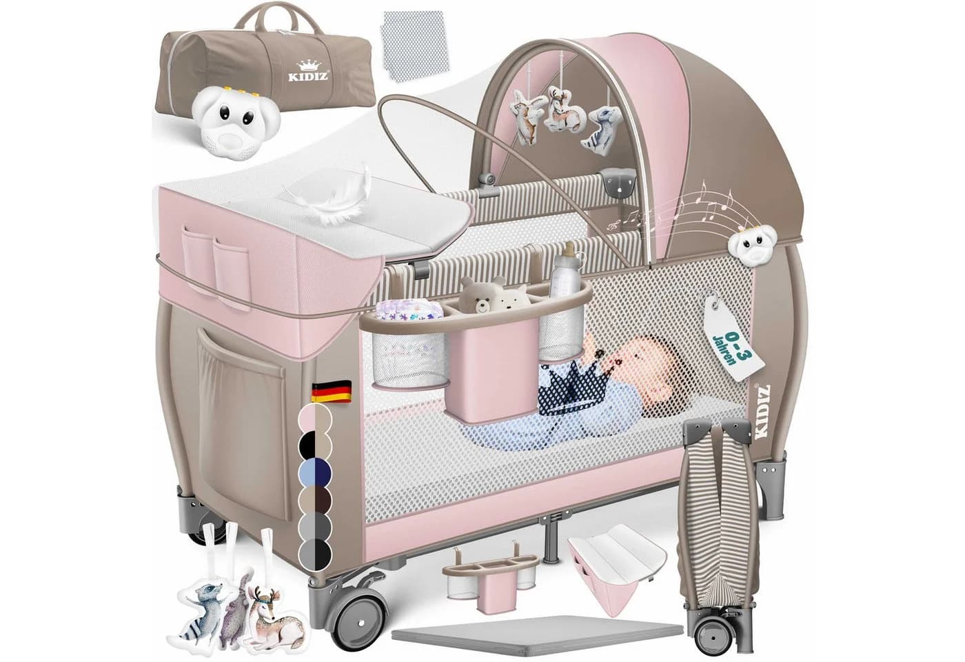 KIDIZ Baby-Reisebett 3in1 mit Wickeltisch, Matratze & Musikspielzeug Beige/Rosa - Bild 3