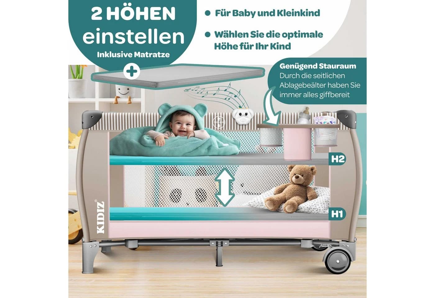 KIDIZ Baby-Reisebett 3in1 mit Wickeltisch, Matratze & Musikspielzeug Beige/Rosa - Bild 4